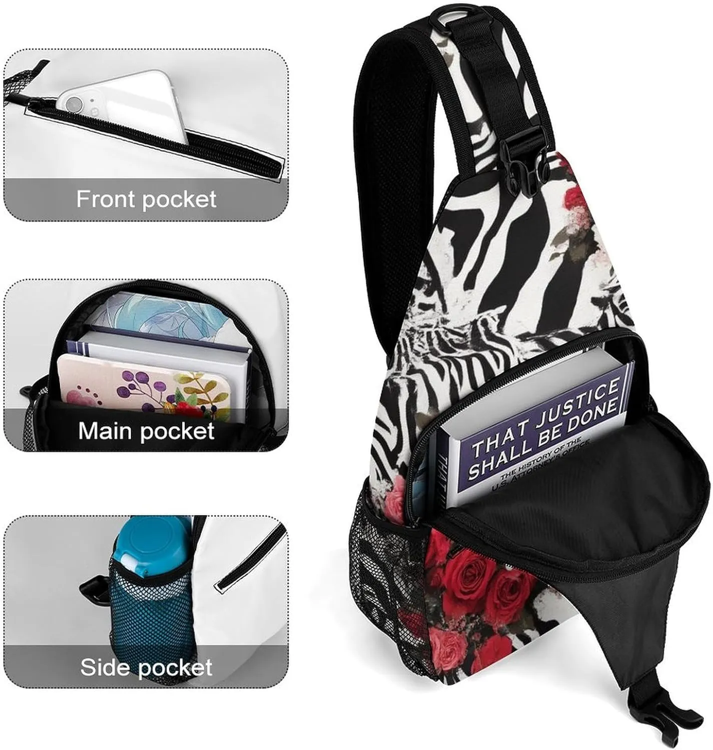 Supdreamc Men & Women Gym Crossbody Sack Satchel Outdoor Hiking Bag, Cheetah Leopard Zebra Print Floral Black And White Sling Bag Backpack Backpacking for Travel Hiking - Small Tool Backpack