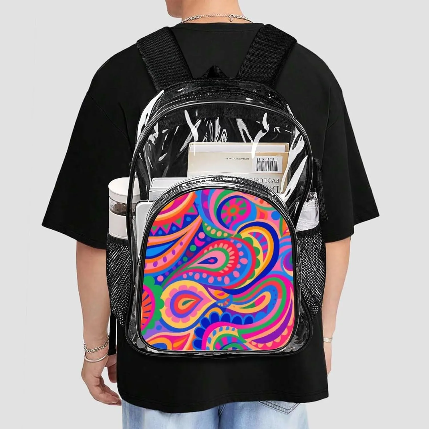 Supdreamc Men & Women Lightweight Colorful Flowers Leaves Paisley Art Casual Daypack Large Capacity Bookbag Transparent Bag for Gym Business Bicycle