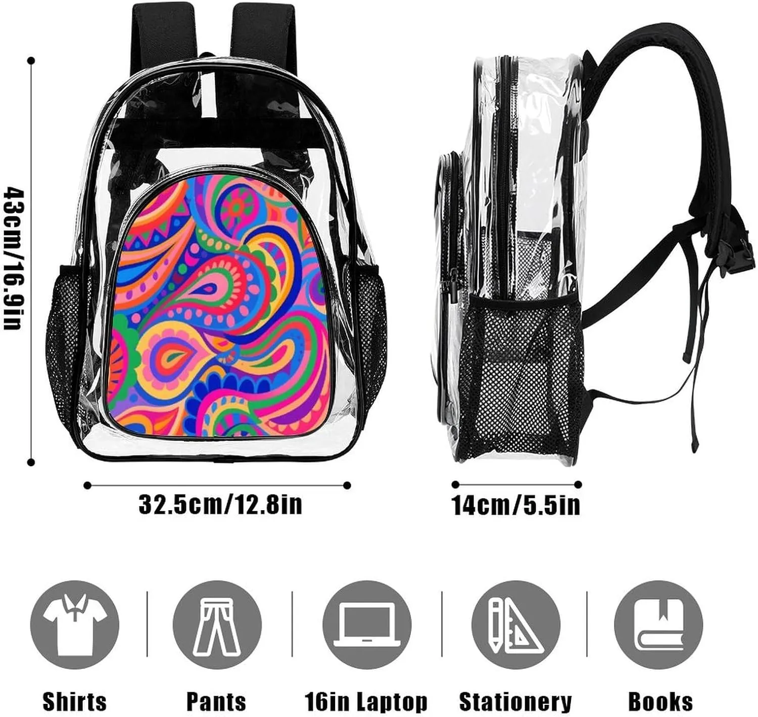 Supdreamc Men & Women Lightweight Colorful Flowers Leaves Paisley Art Casual Daypack Large Capacity Bookbag Transparent Bag for Gym Business Bicycle