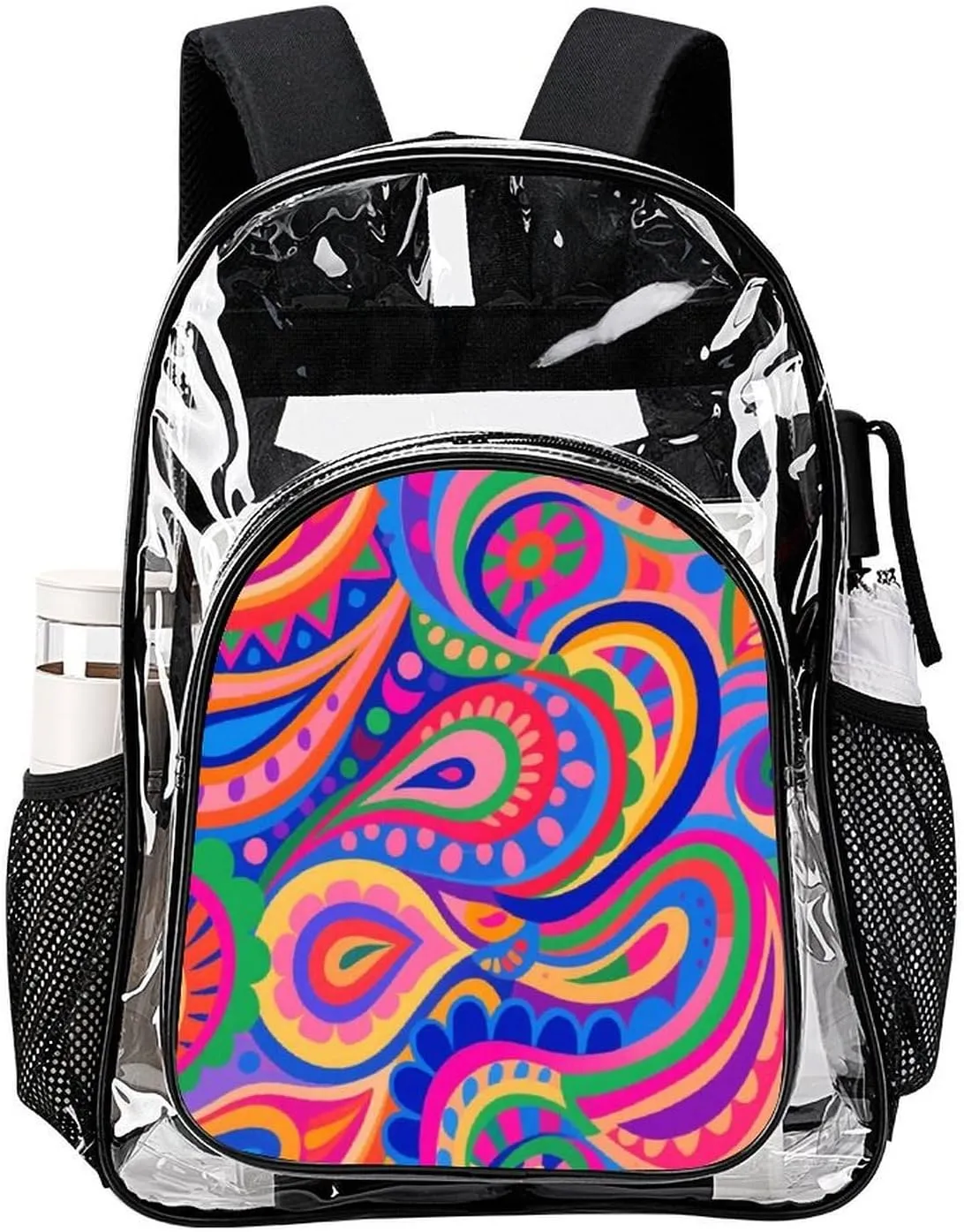 Supdreamc Men & Women Lightweight Colorful Flowers Leaves Paisley Art Casual Daypack Large Capacity Bookbag Transparent Bag for Gym Business Bicycle
