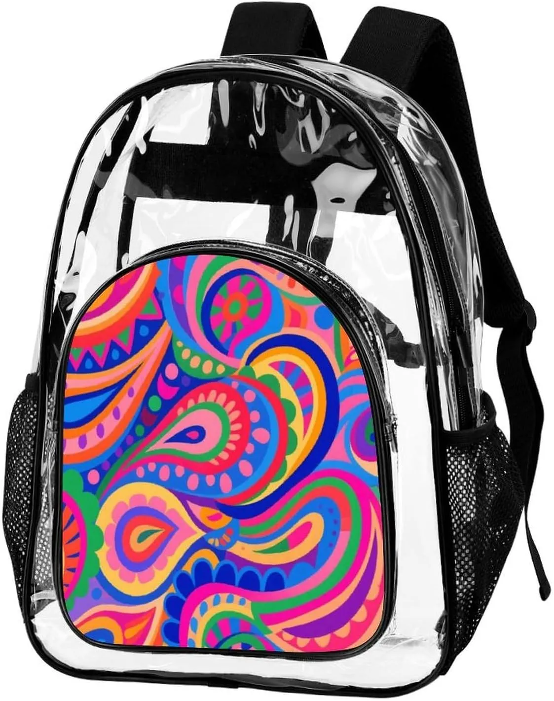 Supdreamc Men & Women Lightweight Colorful Flowers Leaves Paisley Art Casual Daypack Large Capacity Bookbag Transparent Bag for Gym Business Bicycle