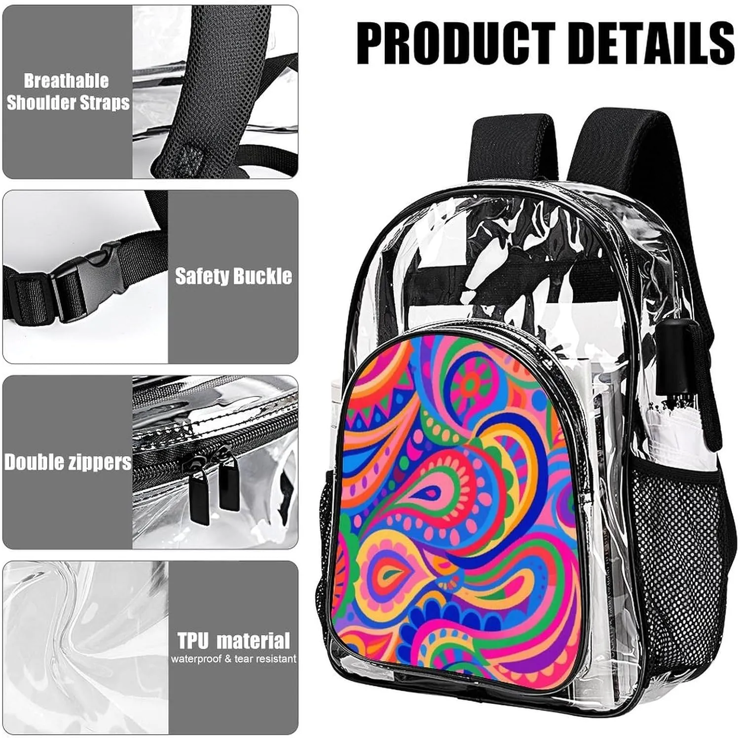 Supdreamc Men & Women Lightweight Colorful Flowers Leaves Paisley Art Casual Daypack Large Capacity Bookbag Transparent Bag for Gym Business Bicycle