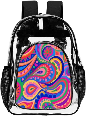 Supdreamc Men & Women Lightweight Colorful Flowers Leaves Paisley Art Casual Daypack Large Capacity Bookbag Transparent Bag for Gym Business Bicycle