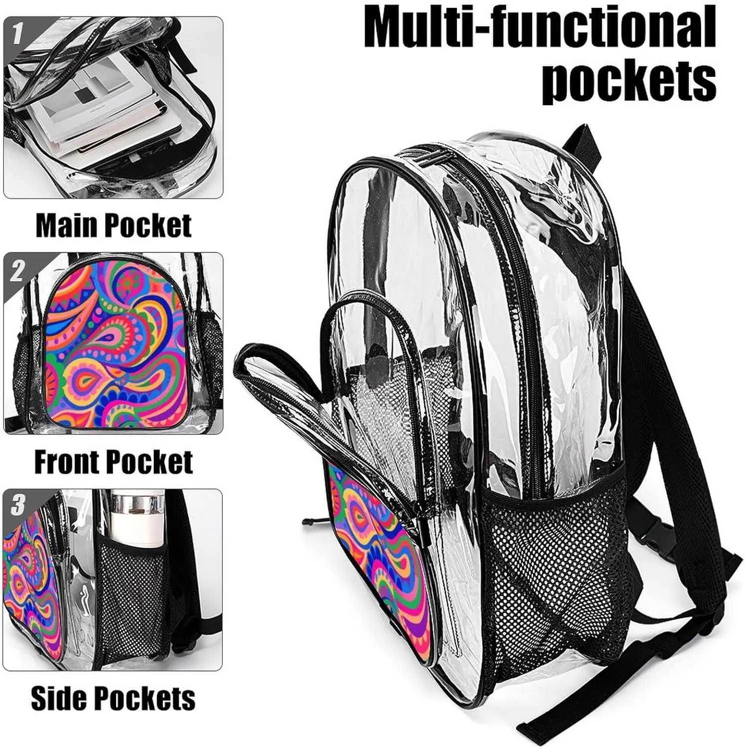 Supdreamc Men & Women Lightweight Colorful Flowers Leaves Paisley Art Casual Daypack Large Capacity Bookbag Transparent Bag for Gym Business Bicycle