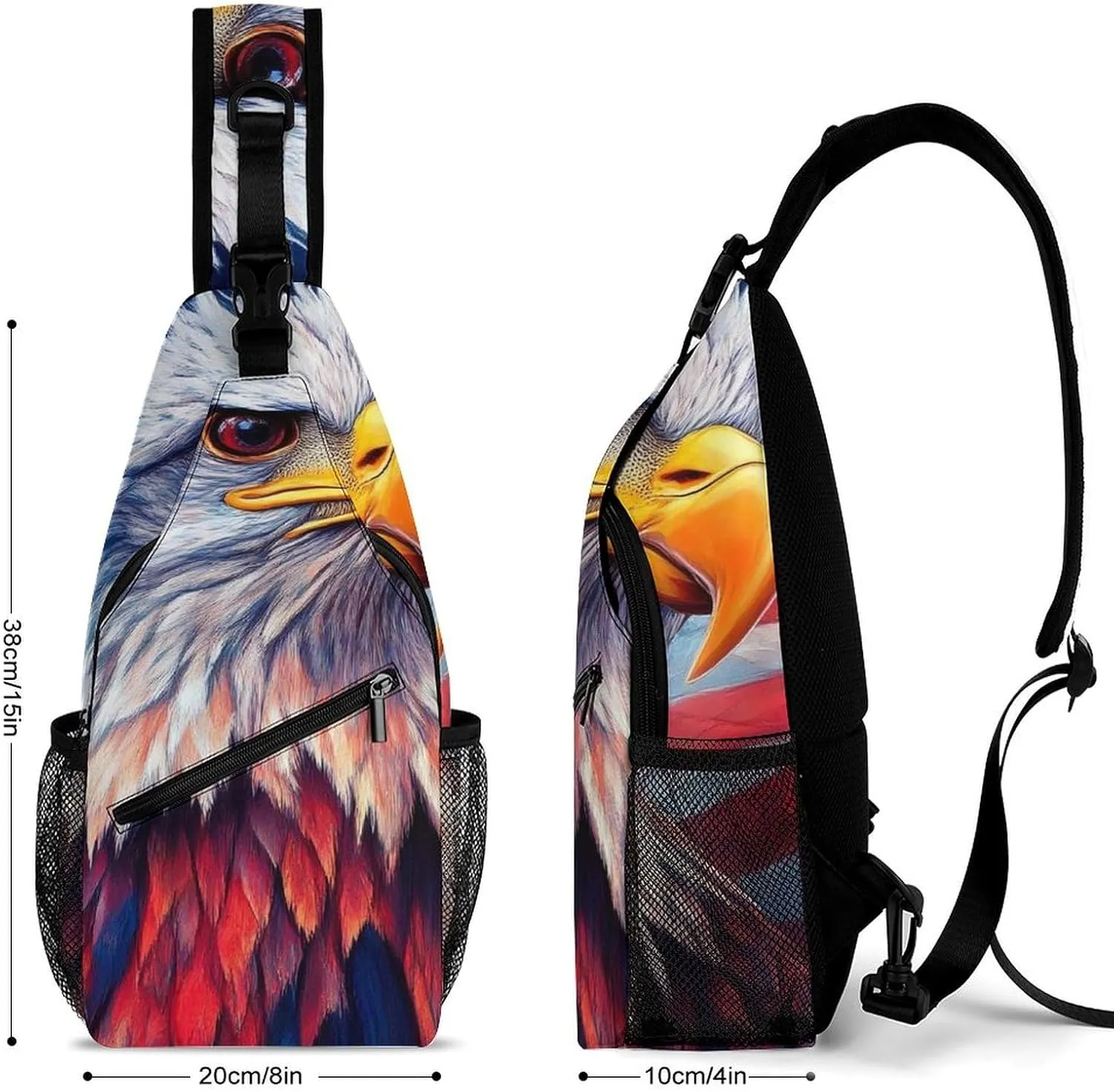 Supdreamc Men & Women Sling Backpack Casual Carrying Tote Case Crossbody Travel Bag - Multipurpose Anti-Theft Tote Bags, Red White Blue Art Eagle Print Small Crossbody Chest Rucksack