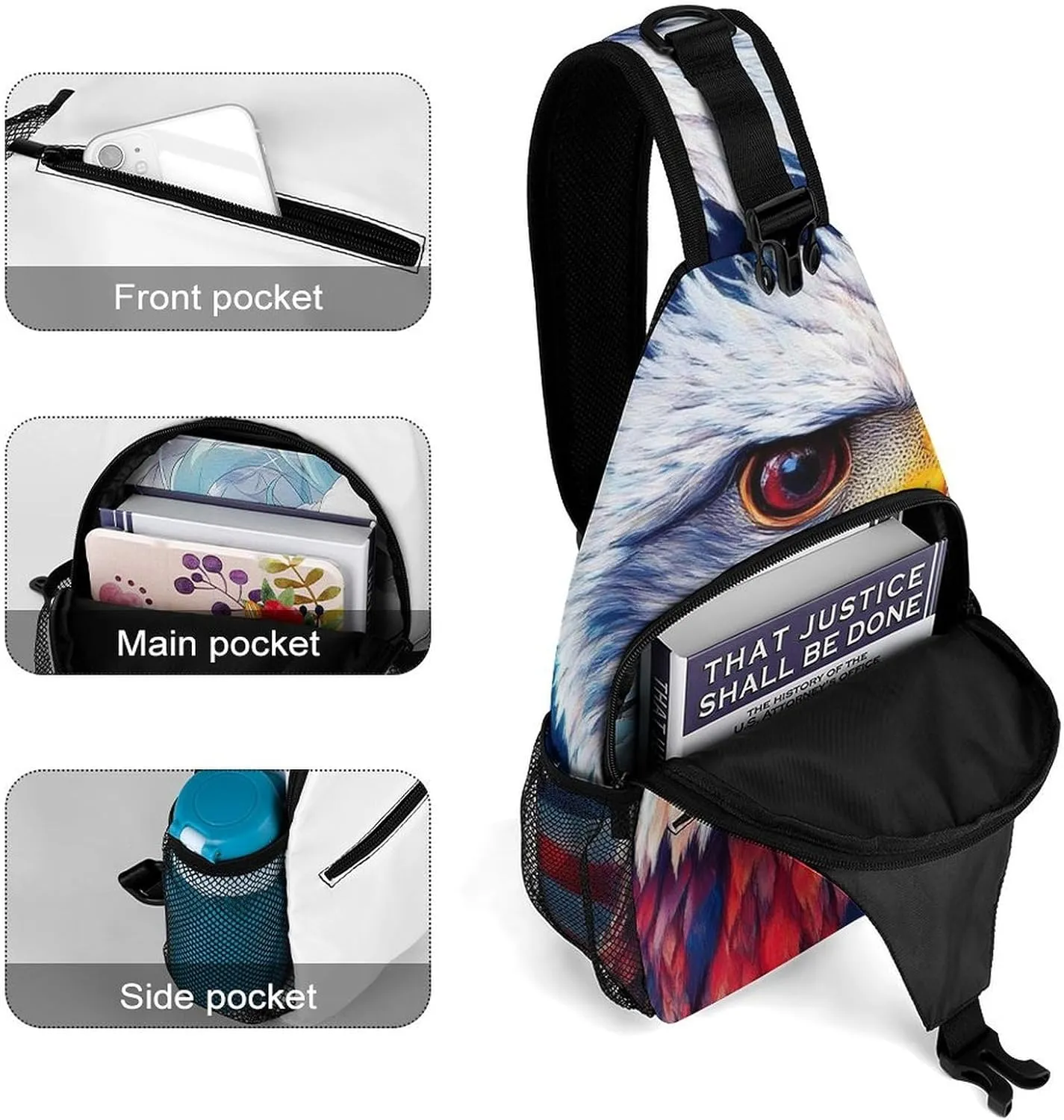 Supdreamc Men & Women Sling Backpack Casual Carrying Tote Case Crossbody Travel Bag - Multipurpose Anti-Theft Tote Bags, Red White Blue Art Eagle Print Small Crossbody Chest Rucksack