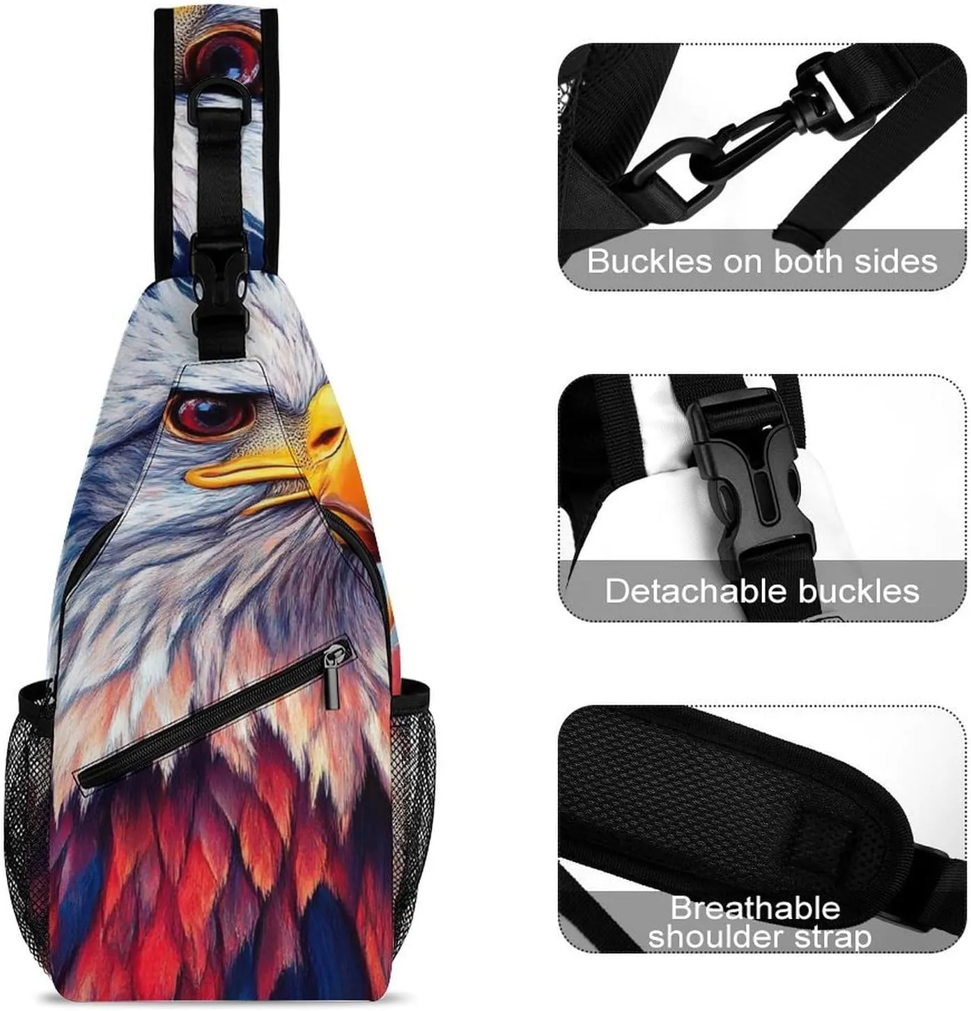 Supdreamc Men & Women Sling Backpack Casual Carrying Tote Case Crossbody Travel Bag - Multipurpose Anti-Theft Tote Bags, Red White Blue Art Eagle Print Small Crossbody Chest Rucksack