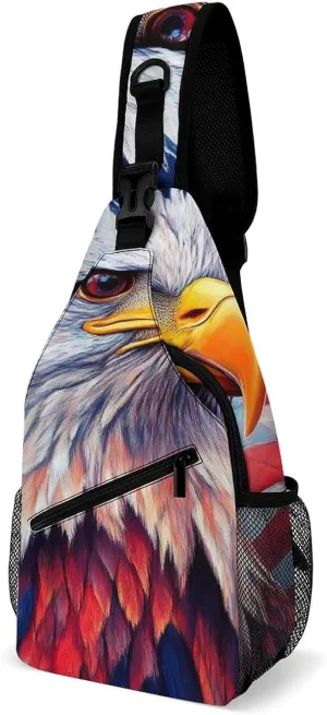 Supdreamc Men & Women Sling Backpack Casual Carrying Tote Case Crossbody Travel Bag - Multipurpose Anti-Theft Tote Bags, Red White Blue Art Eagle Print Small Crossbody Chest Rucksack