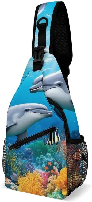 Supdreamc Men & Women Sling Shoulder Backpack Travel Backpack Camping Outdoor Bag - Blue Ocean Underwater World Dolphin Art Anti-Theft Multipurpose Bookbag, Unbalance Shoulder Chest Crossbody Bag