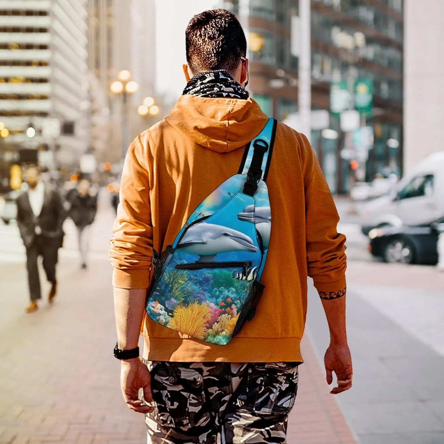Supdreamc Men & Women Sling Shoulder Backpack Travel Backpack Camping Outdoor Bag - Blue Ocean Underwater World Dolphin Art Anti-Theft Multipurpose Bookbag, Unbalance Shoulder Chest Crossbody Bag