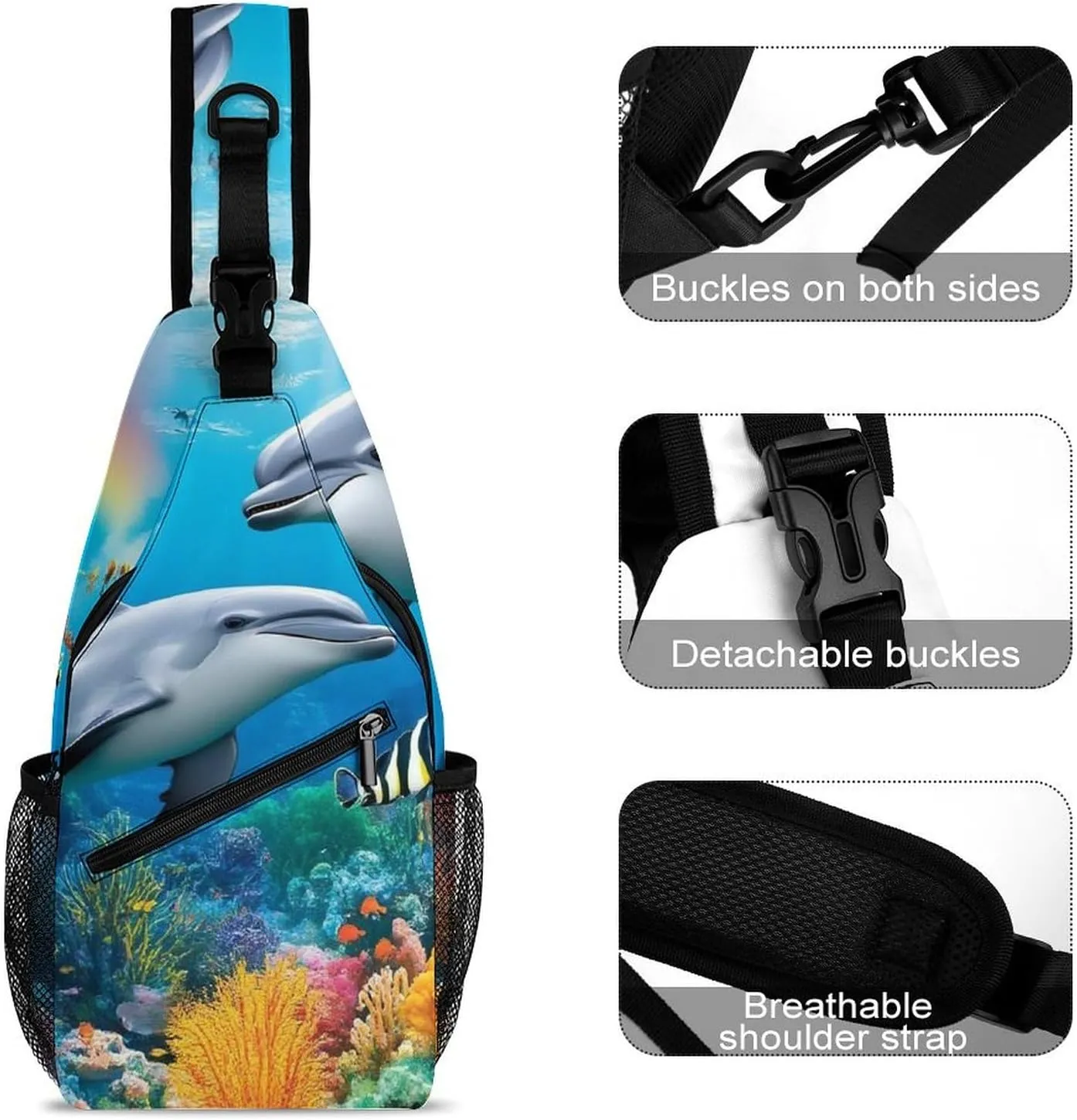 Supdreamc Men & Women Sling Shoulder Backpack Travel Backpack Camping Outdoor Bag - Blue Ocean Underwater World Dolphin Art Anti-Theft Multipurpose Bookbag, Unbalance Shoulder Chest Crossbody Bag