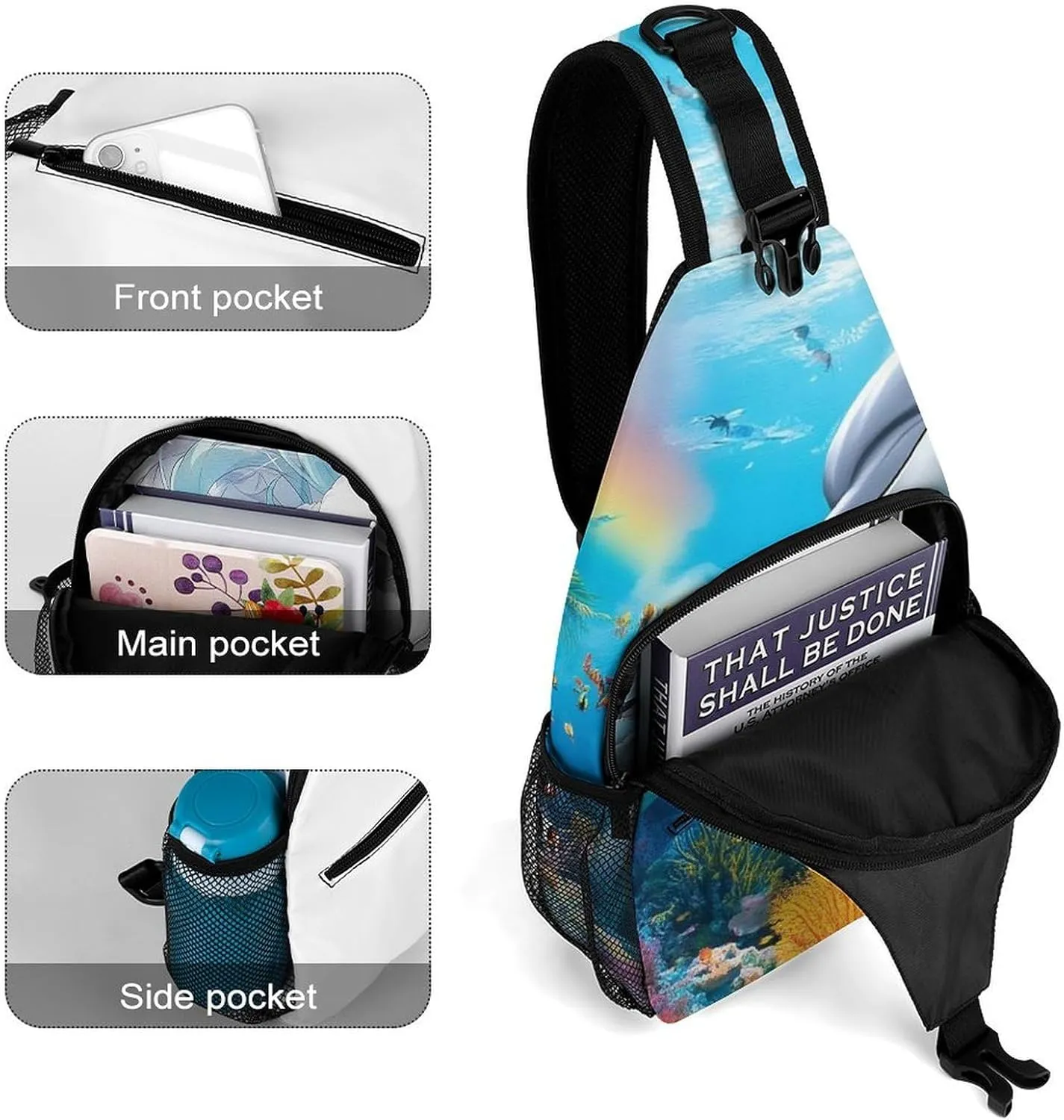 Supdreamc Men & Women Sling Shoulder Backpack Travel Backpack Camping Outdoor Bag - Blue Ocean Underwater World Dolphin Art Anti-Theft Multipurpose Bookbag, Unbalance Shoulder Chest Crossbody Bag