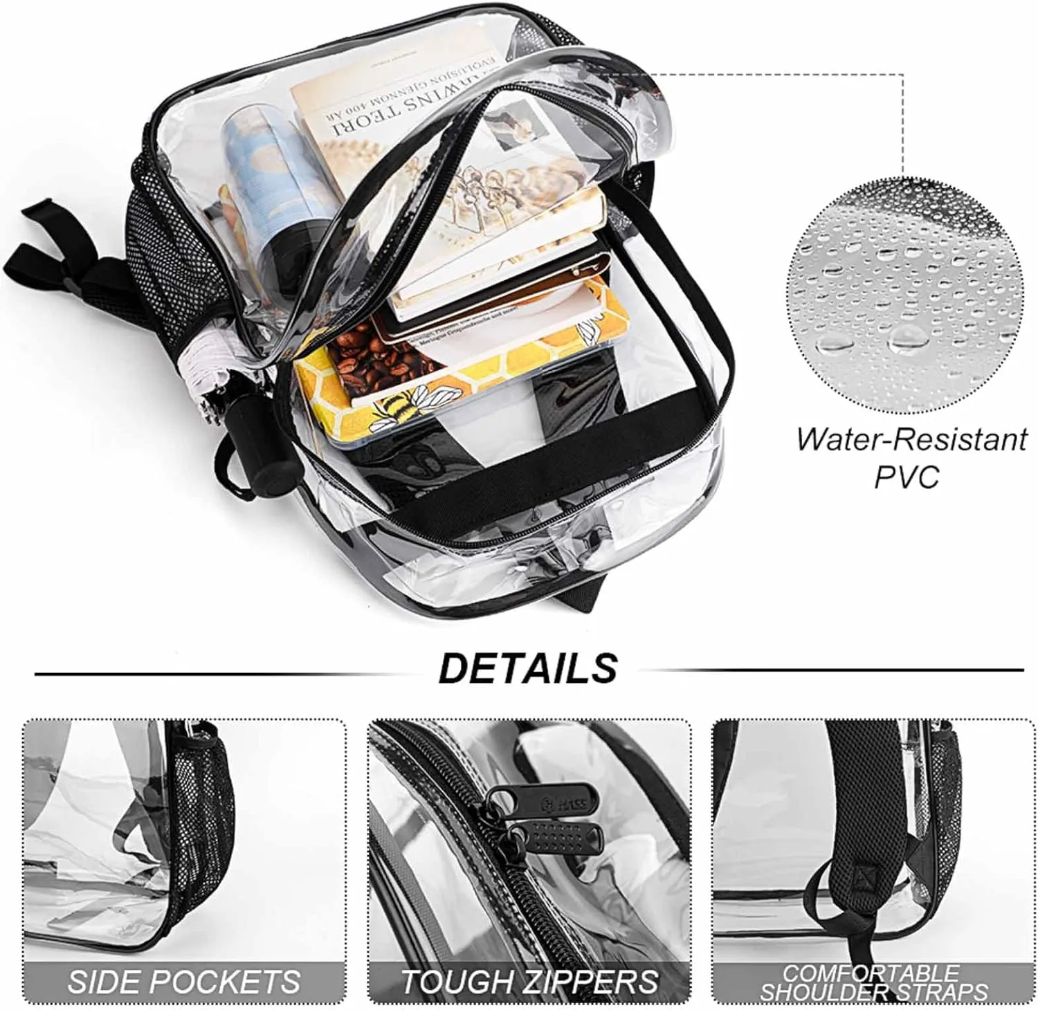 Supdreamc Men Women Lightweight Cute Bee Pattern Backpack Large Capacity Carry On Bag Transparent Bag for Sports Work Walking Cycling