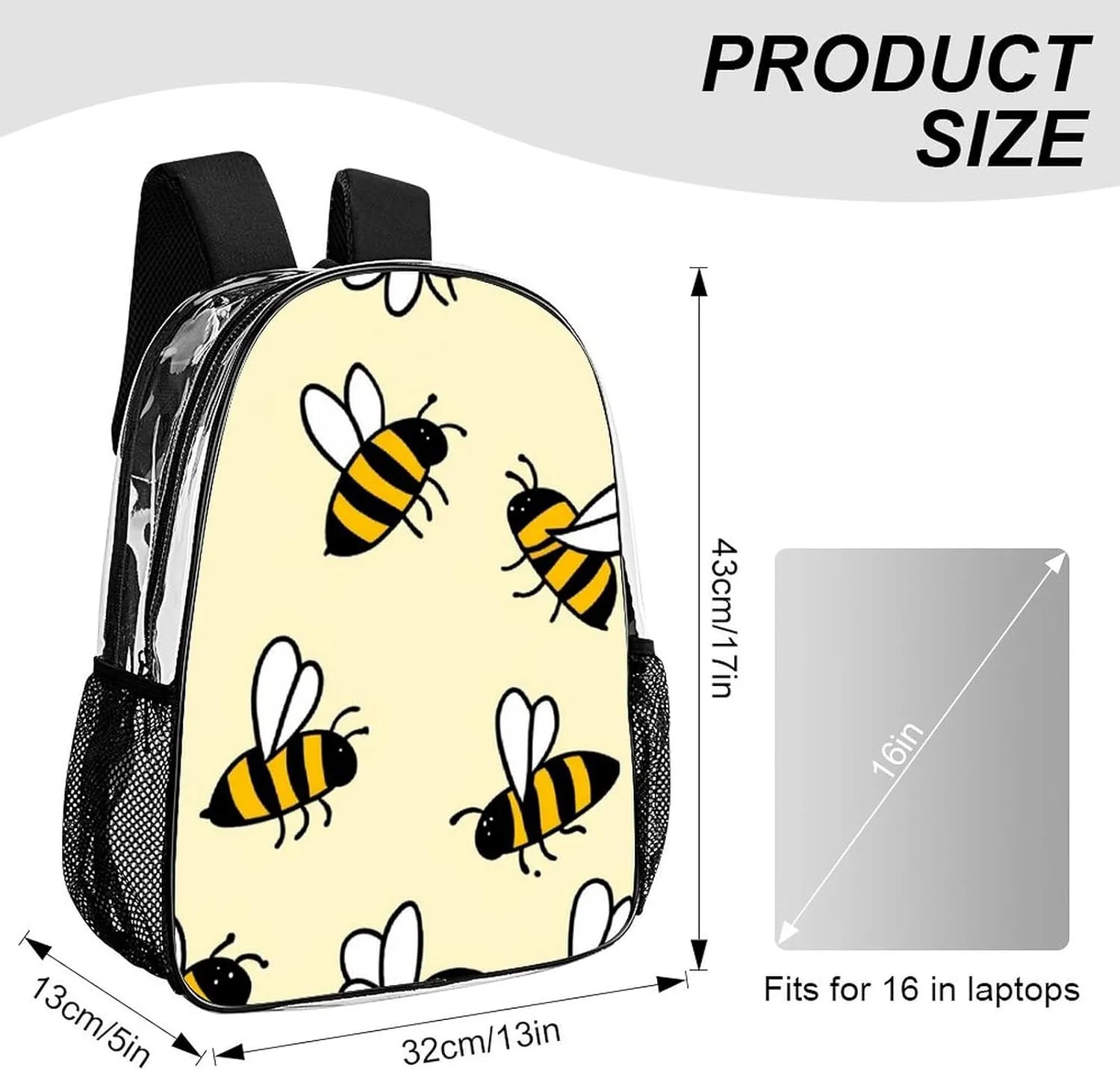 Supdreamc Men Women Lightweight Cute Bee Pattern Backpack Large Capacity Carry On Bag Transparent Bag for Sports Work Walking Cycling