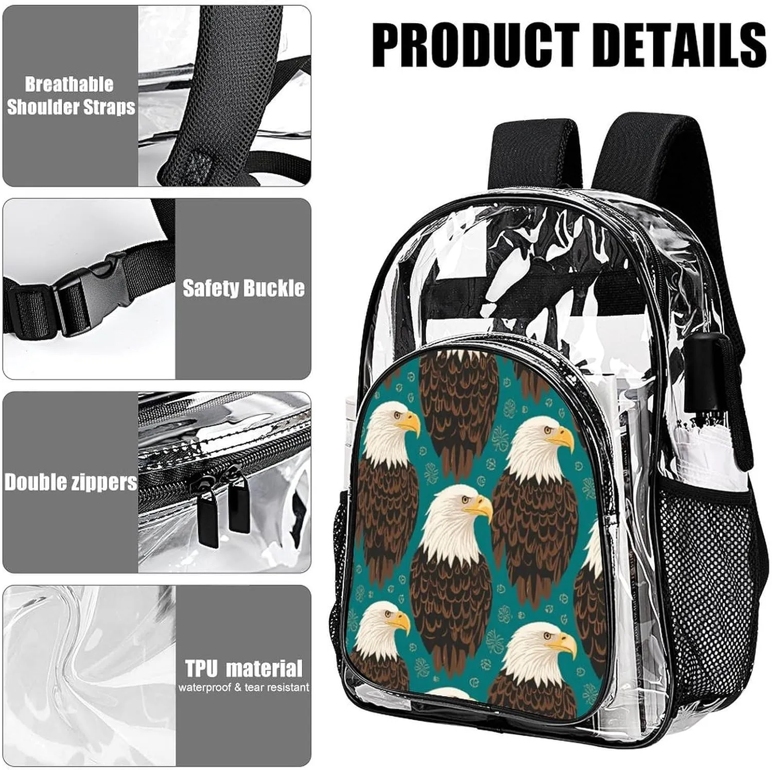 Supdreamc Men Women Lightweight Eagle Art Backpack Large Capacity Bookbag Transparent Bag for Gym Business Running