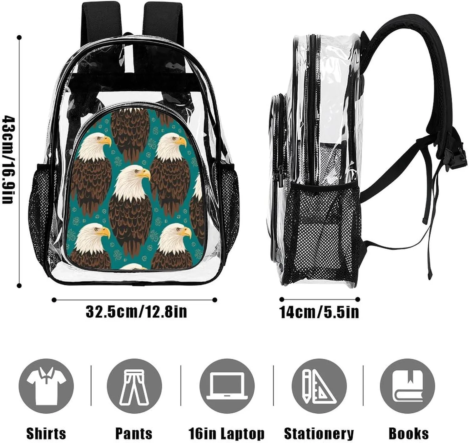 Supdreamc Men Women Lightweight Eagle Art Backpack Large Capacity Bookbag Transparent Bag for Gym Business Running