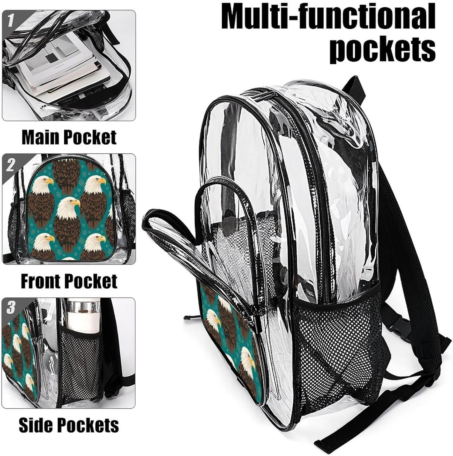 Supdreamc Men Women Lightweight Eagle Art Backpack Large Capacity Bookbag Transparent Bag for Gym Business Running