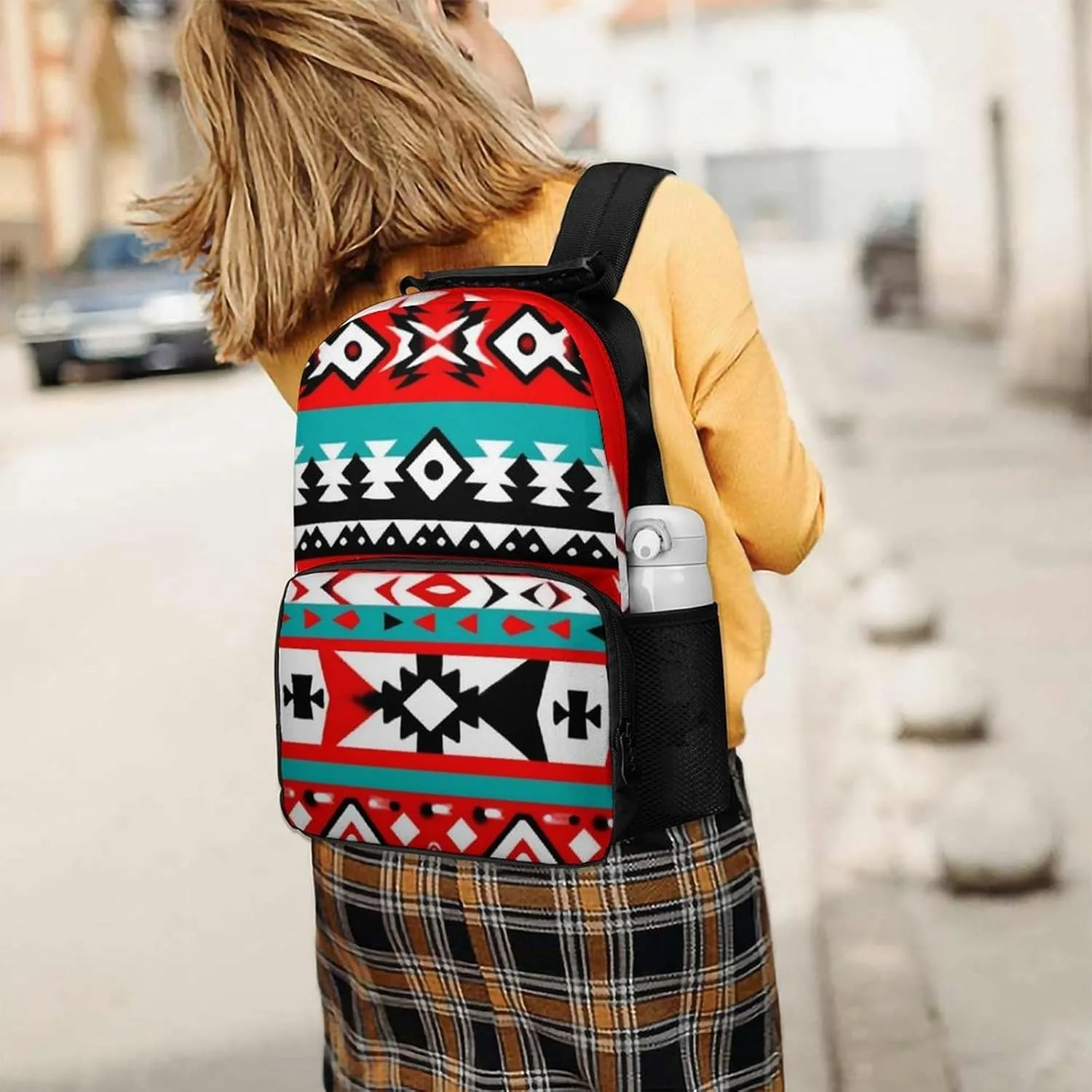 Supdreamc Men Women Lightweight Geometric Indiana Western Southwest Tribal Ethnic Aztec Red Turquoise Daypack Bookbag Big Capacity Carry On Bag With Side Pockets for Camping Travel Bicycle