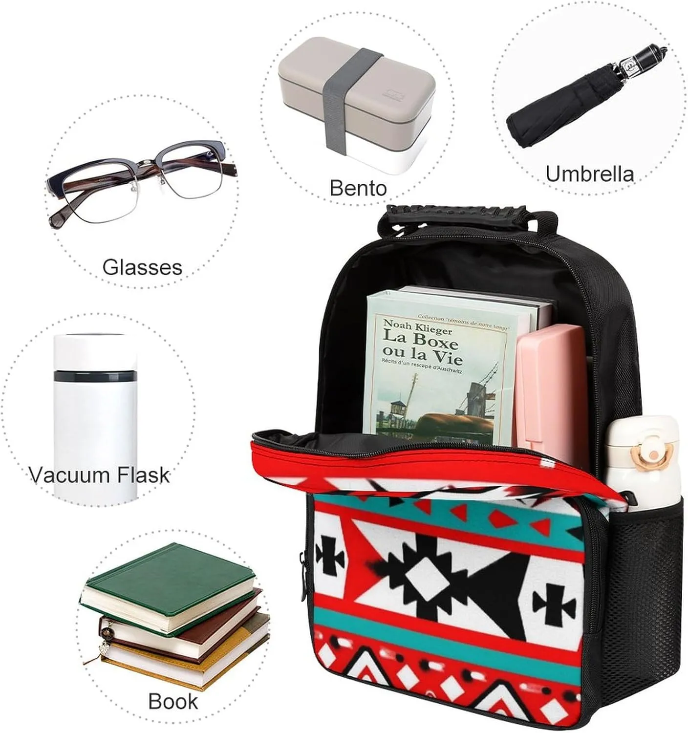 Supdreamc Men Women Lightweight Geometric Indiana Western Southwest Tribal Ethnic Aztec Red Turquoise Daypack Bookbag Big Capacity Carry On Bag With Side Pockets for Camping Travel Bicycle