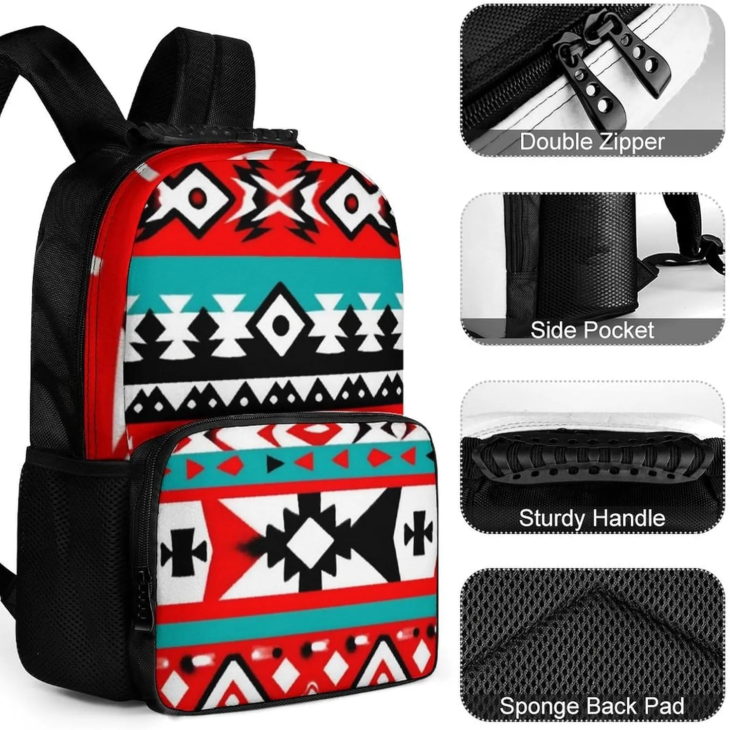 Supdreamc Men Women Lightweight Geometric Indiana Western Southwest Tribal Ethnic Aztec Red Turquoise Daypack Bookbag Big Capacity Carry On Bag With Side Pockets for Camping Travel Bicycle