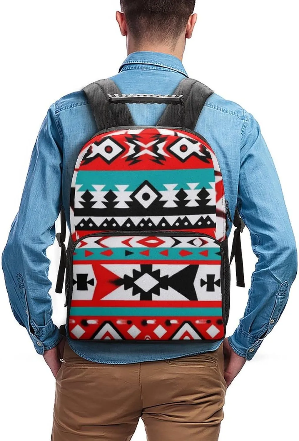 Supdreamc Men Women Lightweight Geometric Indiana Western Southwest Tribal Ethnic Aztec Red Turquoise Daypack Bookbag Big Capacity Carry On Bag With Side Pockets for Camping Travel Bicycle