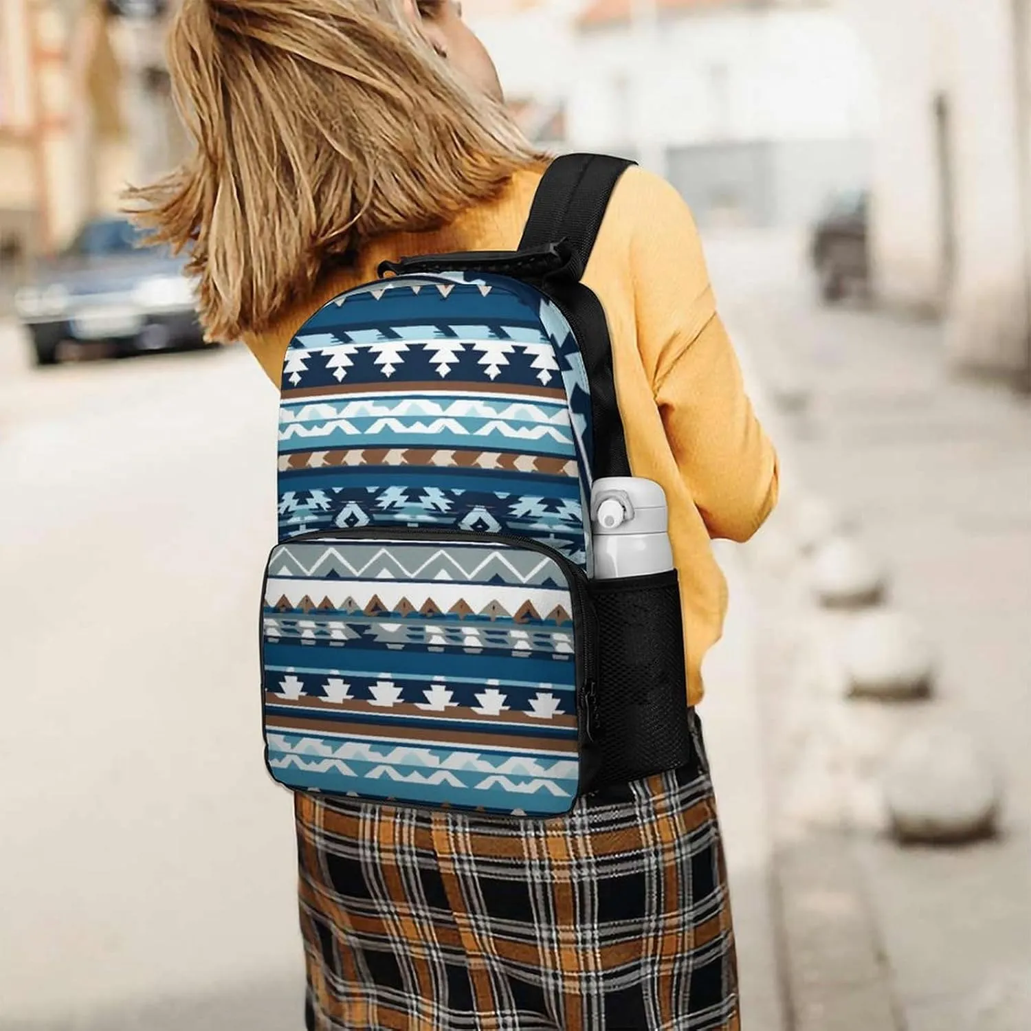 Supdreamc Men Women Polyester Colorful Surf Blue Tribal Navajo Aztec Geometric Ethnic Pattern Daypack Big Capacity Shoulder Bag With Adjustable Shoulder Straps for Camping Travel Walking Cycling