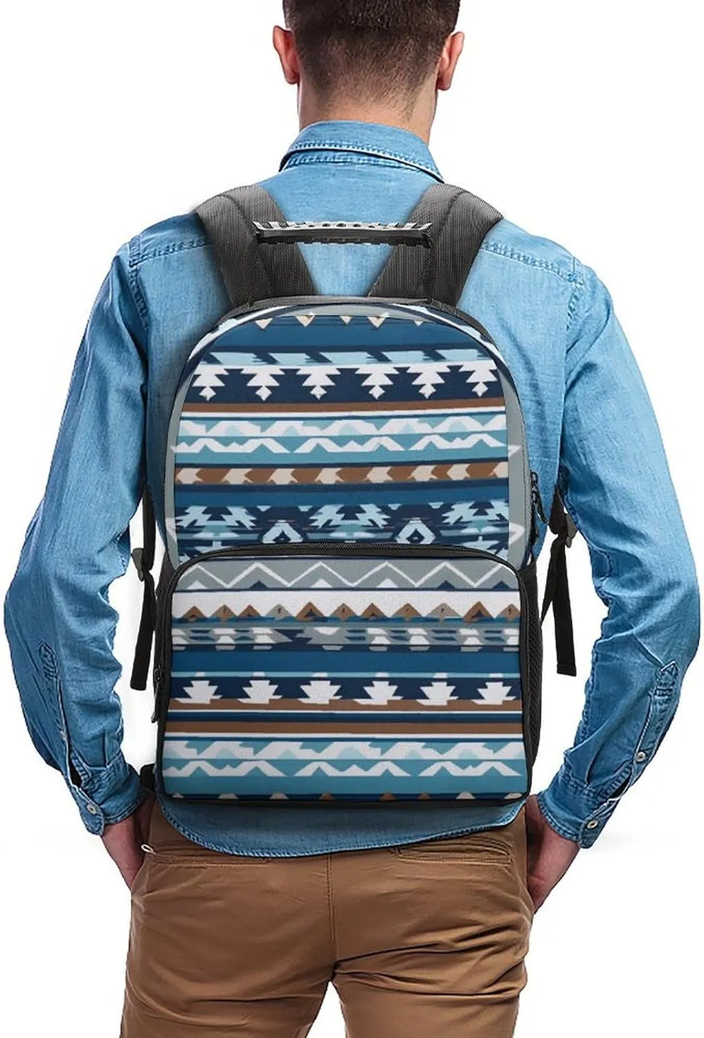 Supdreamc Men Women Polyester Colorful Surf Blue Tribal Navajo Aztec Geometric Ethnic Pattern Daypack Big Capacity Shoulder Bag With Adjustable Shoulder Straps for Camping Travel Walking Cycling
