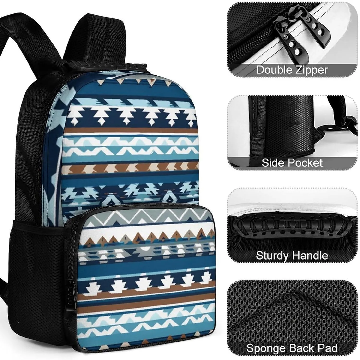 Supdreamc Men Women Polyester Colorful Surf Blue Tribal Navajo Aztec Geometric Ethnic Pattern Daypack Big Capacity Shoulder Bag With Adjustable Shoulder Straps for Camping Travel Walking Cycling