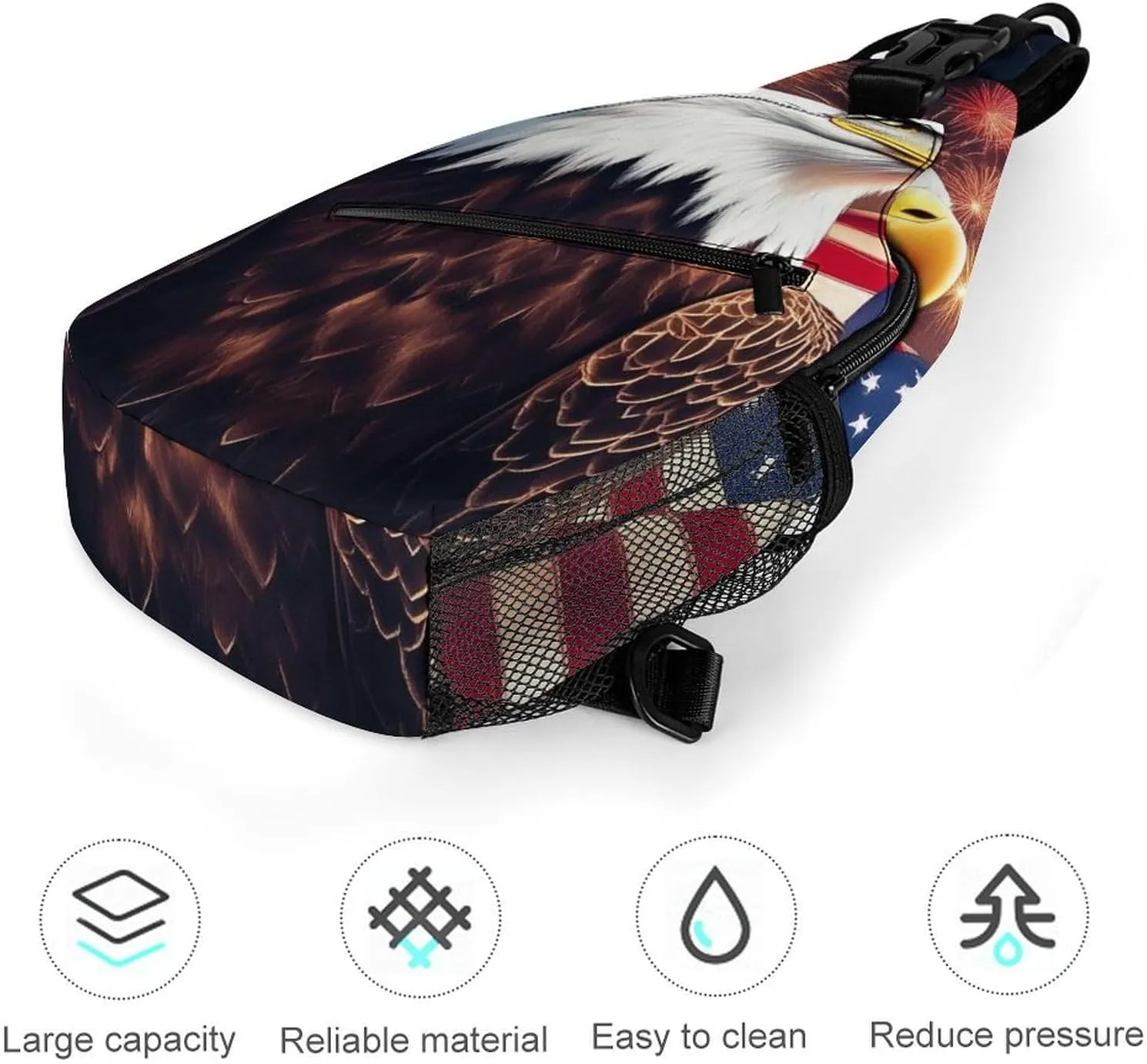 Supdreamc Sling Bag Backpack for Men Women Anti-Theft Multipurpose Casual Carrying Tote Case Crossbody Travel Bag Messenger Bag, Bald Eagle American Flag Fireworks Art Crossbody Sling Backpack