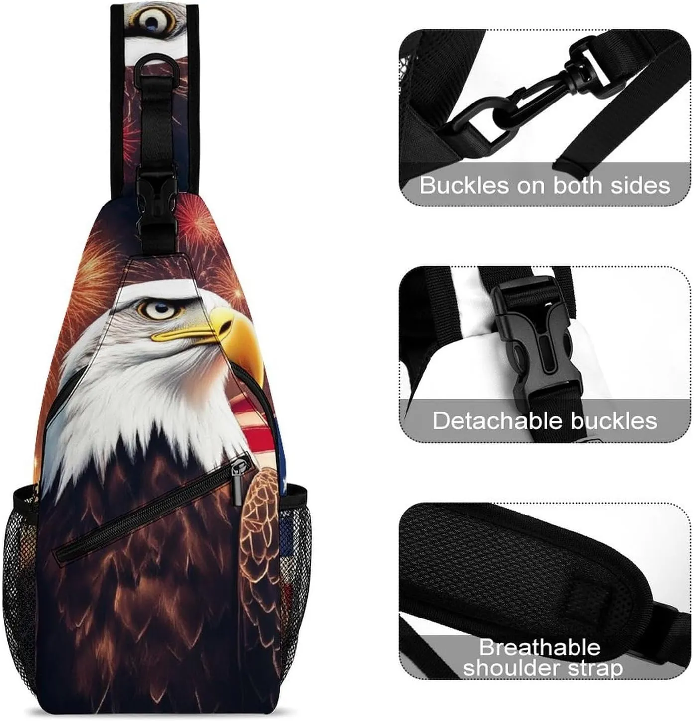 Supdreamc Sling Bag Backpack for Men Women Anti-Theft Multipurpose Casual Carrying Tote Case Crossbody Travel Bag Messenger Bag, Bald Eagle American Flag Fireworks Art Crossbody Sling Backpack