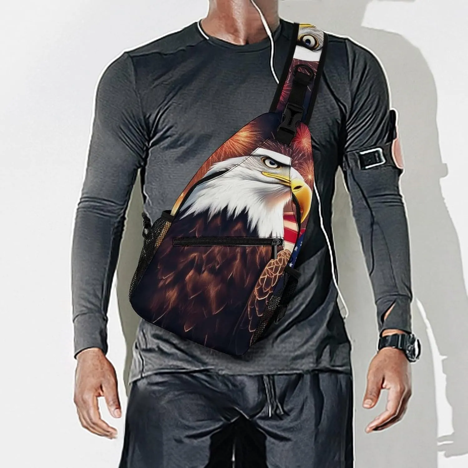 Supdreamc Sling Bag Backpack for Men Women Anti-Theft Multipurpose Casual Carrying Tote Case Crossbody Travel Bag Messenger Bag, Bald Eagle American Flag Fireworks Art Crossbody Sling Backpack