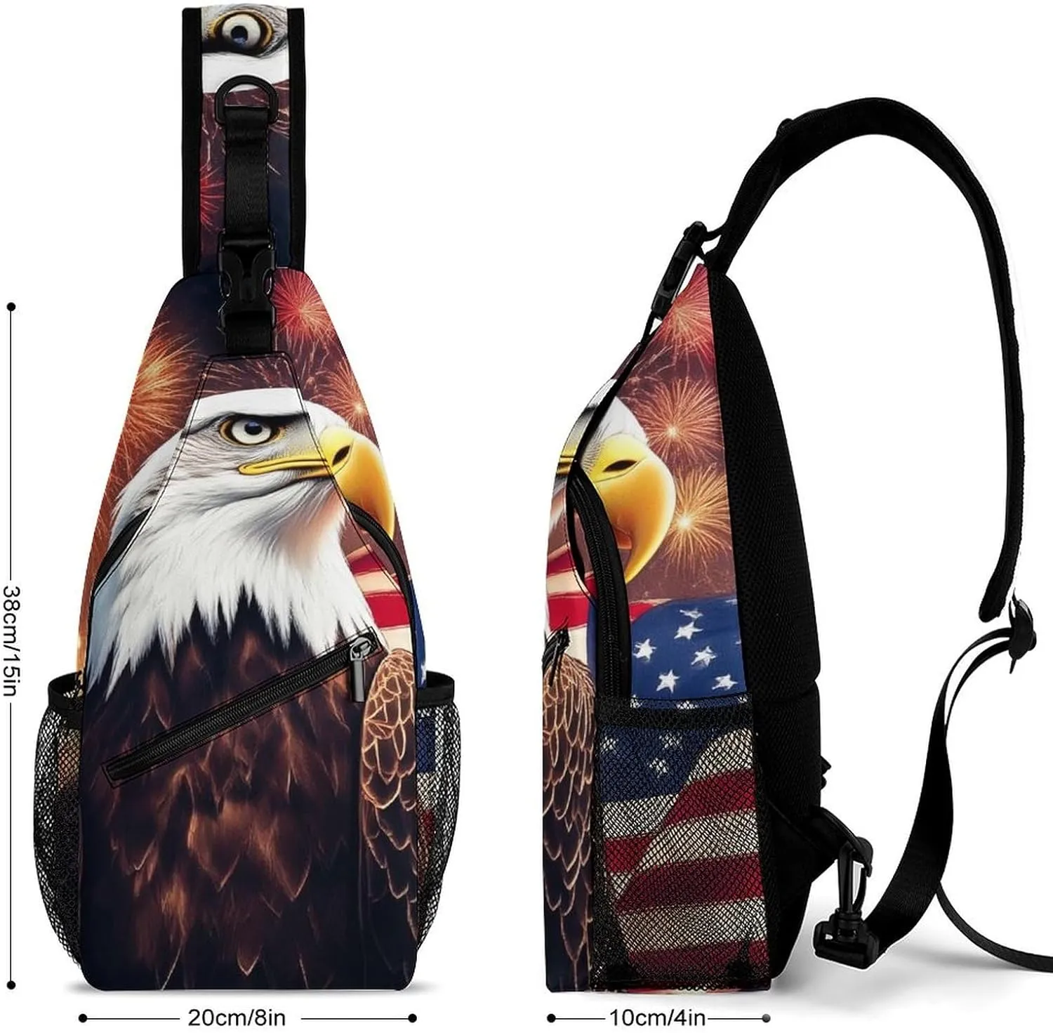 Supdreamc Sling Bag Backpack for Men Women Anti-Theft Multipurpose Casual Carrying Tote Case Crossbody Travel Bag Messenger Bag, Bald Eagle American Flag Fireworks Art Crossbody Sling Backpack