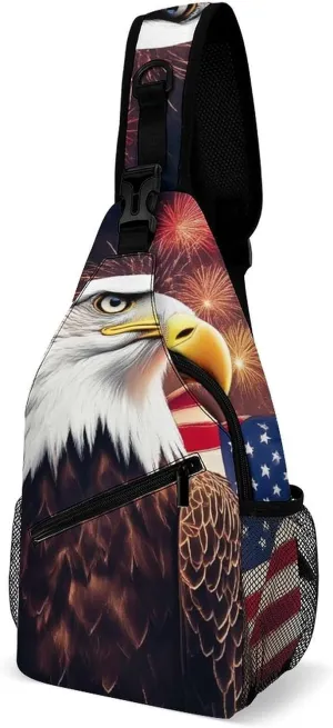 Supdreamc Sling Bag Backpack for Men Women Anti-Theft Multipurpose Casual Carrying Tote Case Crossbody Travel Bag Messenger Bag, Bald Eagle American Flag Fireworks Art Crossbody Sling Backpack