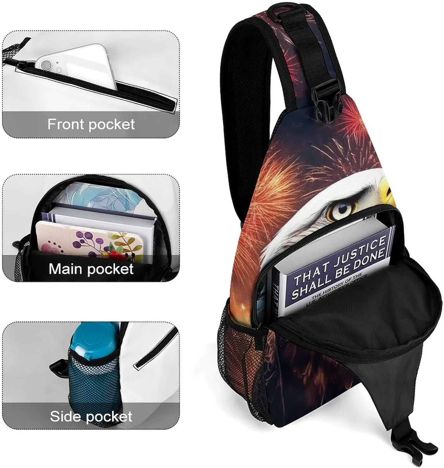 Supdreamc Sling Bag Backpack for Men Women Anti-Theft Multipurpose Casual Carrying Tote Case Crossbody Travel Bag Messenger Bag, Bald Eagle American Flag Fireworks Art Crossbody Sling Backpack