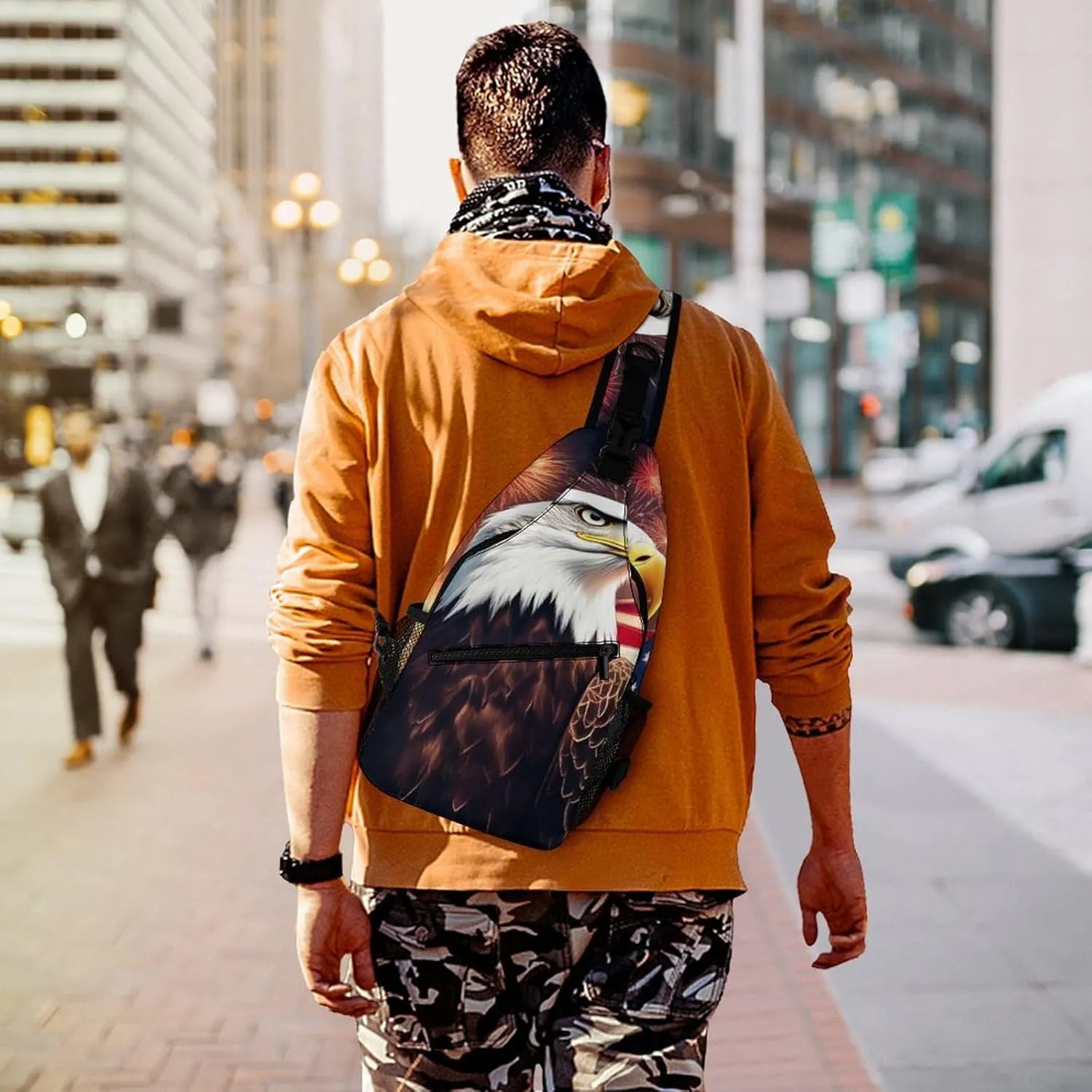 Supdreamc Sling Bag Backpack for Men Women Anti-Theft Multipurpose Casual Carrying Tote Case Crossbody Travel Bag Messenger Bag, Bald Eagle American Flag Fireworks Art Crossbody Sling Backpack