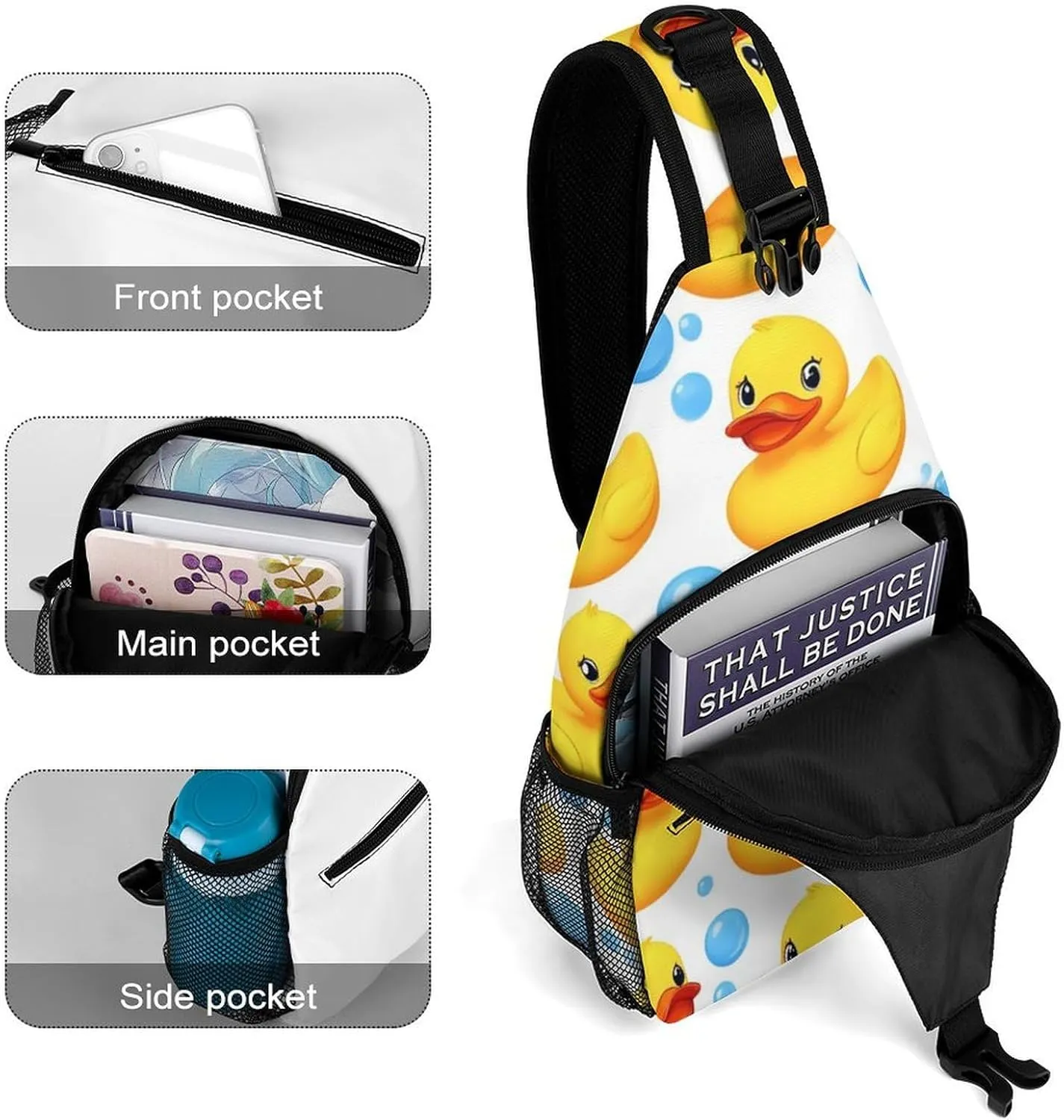 Supdreamc Sling Bag Backpack for Men Women Multipurpose Anti-Theft Satchel Bookbags Travel Rucksack Daypack Bookbag, Cute Funny Cartoon Yellow Rubber Ducks Bubbles Shoulder Crossbody Bag Chest Pack