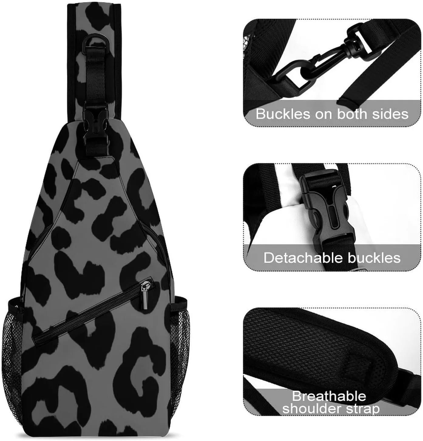 Supdreamc Sling Shoulder Backpack for Women Men Multipurpose Anti-Theft Casual Carrying Tote Case Crossbody Travel Bag Tactical Satchel, Dark Gray Black Leopard Cheetah Print Rucksack