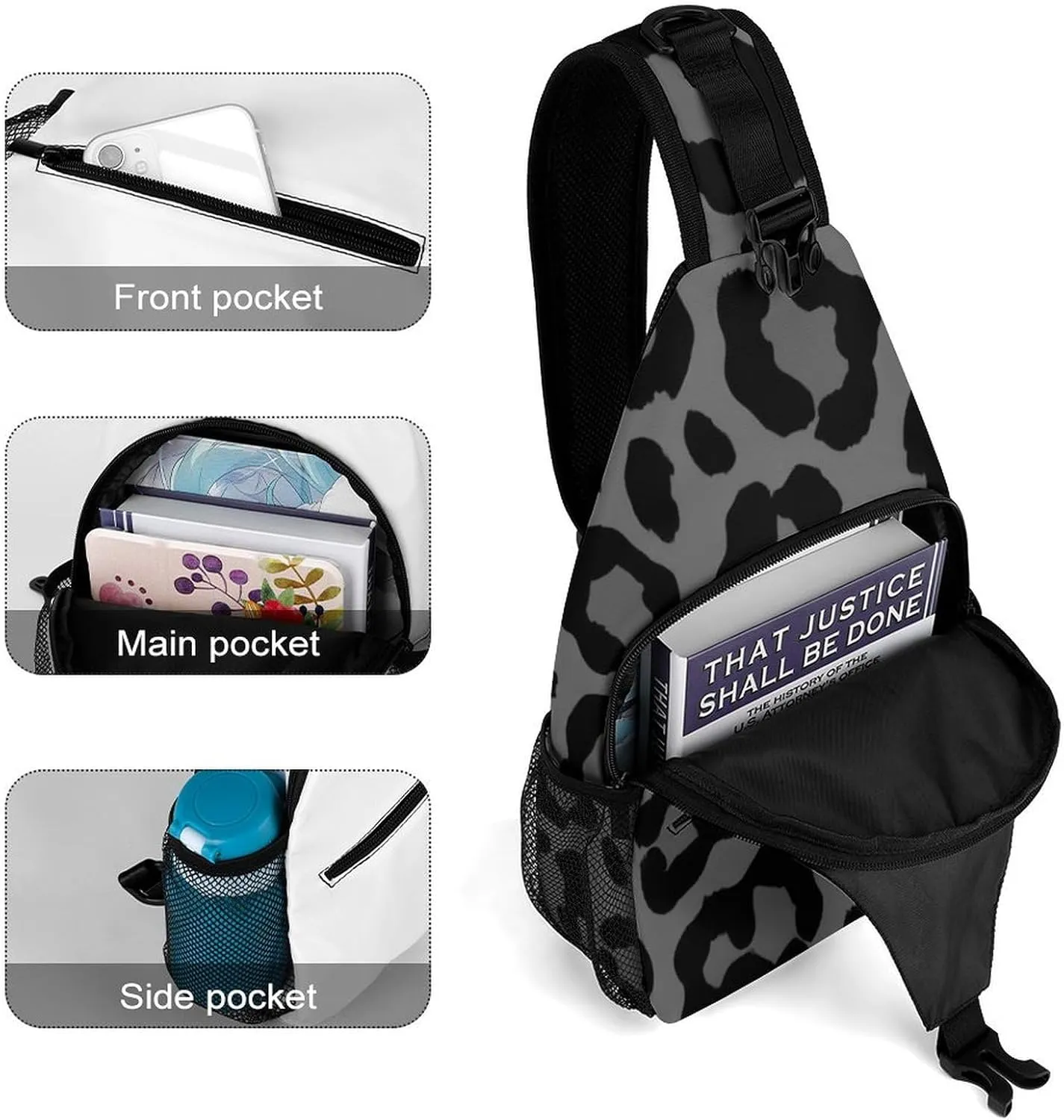 Supdreamc Sling Shoulder Backpack for Women Men Multipurpose Anti-Theft Casual Carrying Tote Case Crossbody Travel Bag Tactical Satchel, Dark Gray Black Leopard Cheetah Print Rucksack