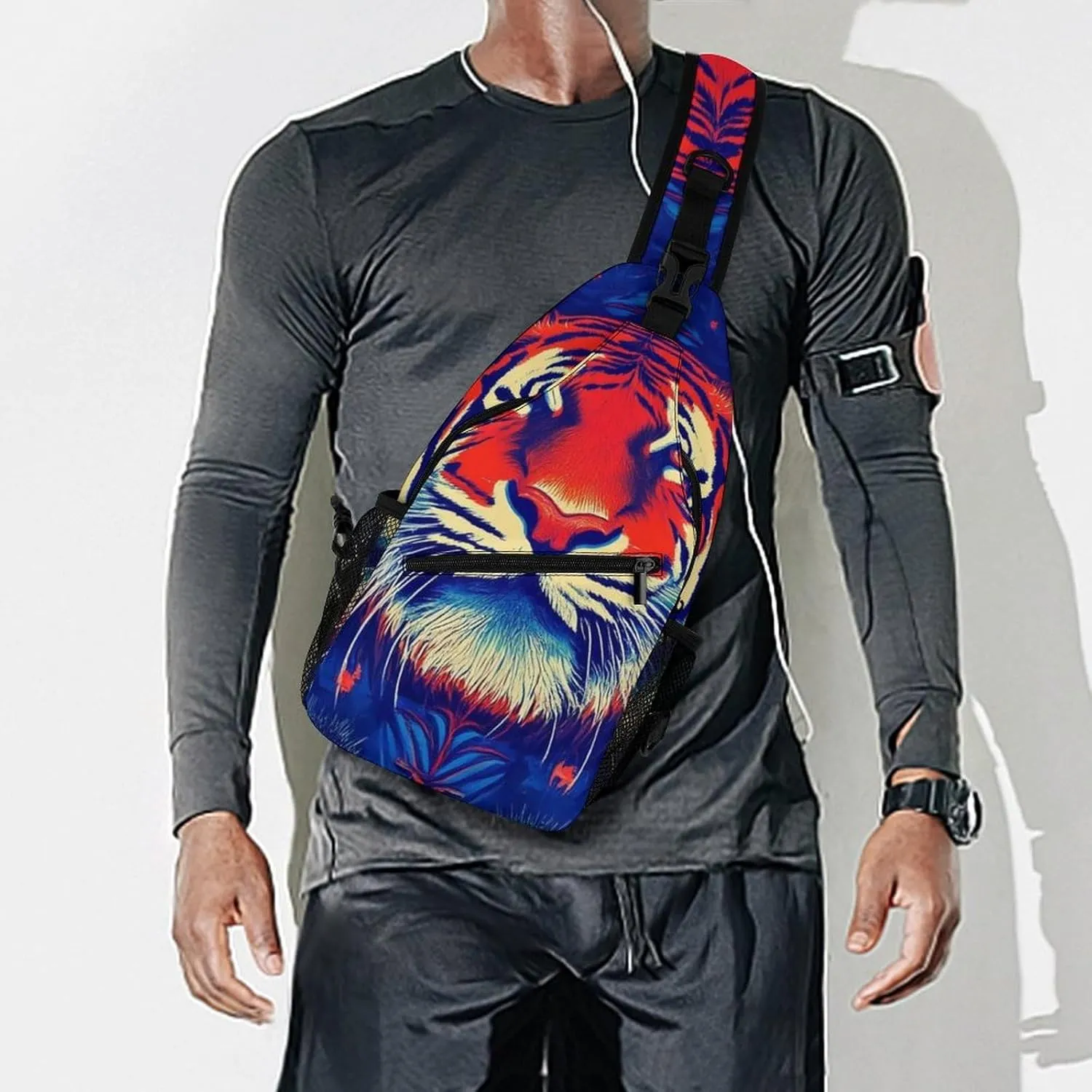 Supdreamc Ultra Lightweight Sling Backpack Chest Sling Shoulder Backpacks Bags Multipurpose Anti-Theft Rucksack for Climbing Camping Cycling Travel, Trippy Red Tiger Animal Art