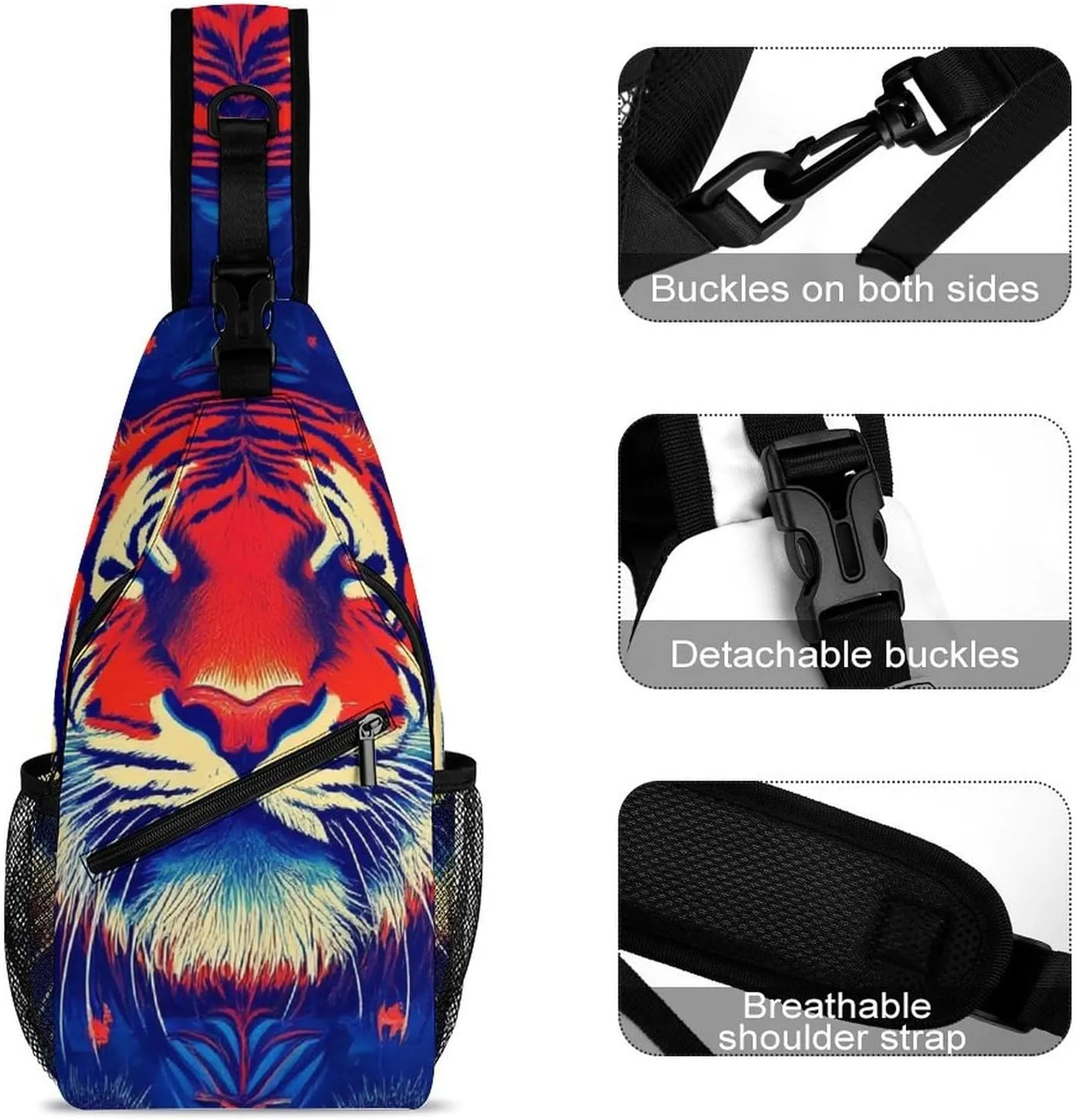 Supdreamc Ultra Lightweight Sling Backpack Chest Sling Shoulder Backpacks Bags Multipurpose Anti-Theft Rucksack for Climbing Camping Cycling Travel, Trippy Red Tiger Animal Art