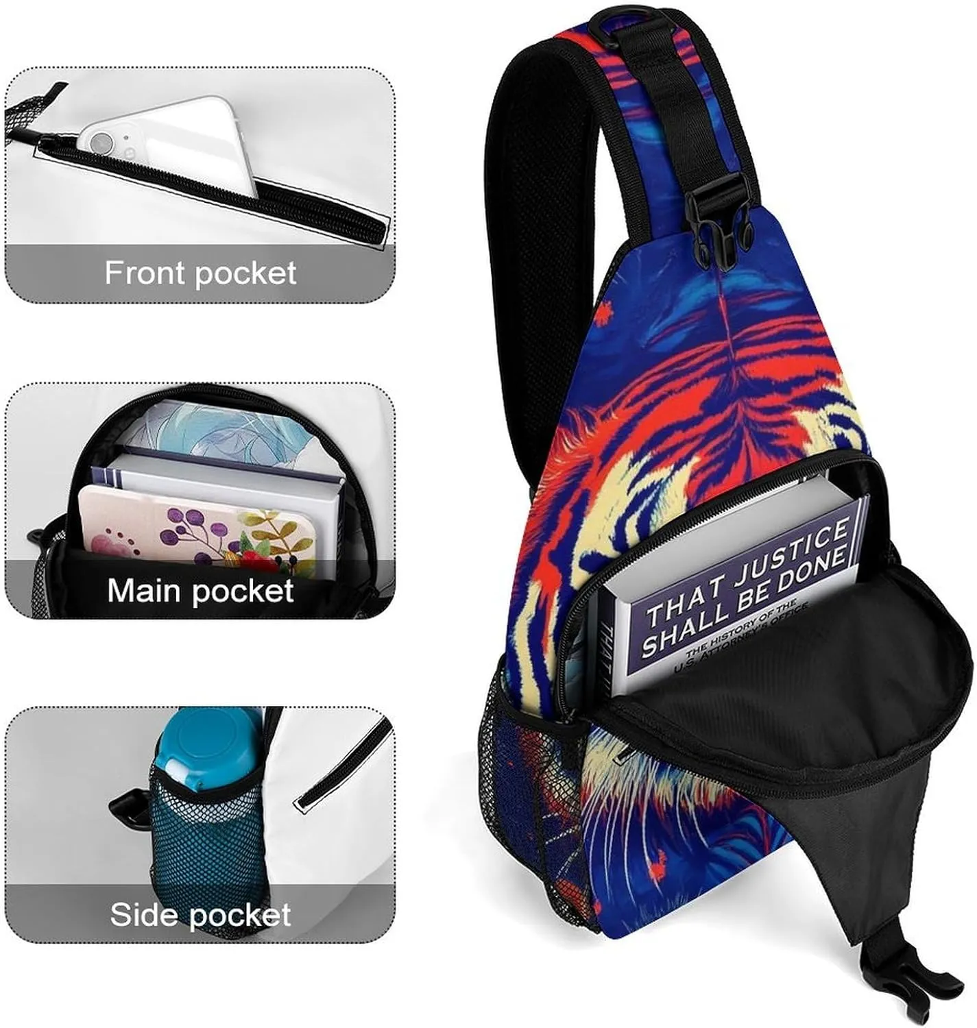 Supdreamc Ultra Lightweight Sling Backpack Chest Sling Shoulder Backpacks Bags Multipurpose Anti-Theft Rucksack for Climbing Camping Cycling Travel, Trippy Red Tiger Animal Art