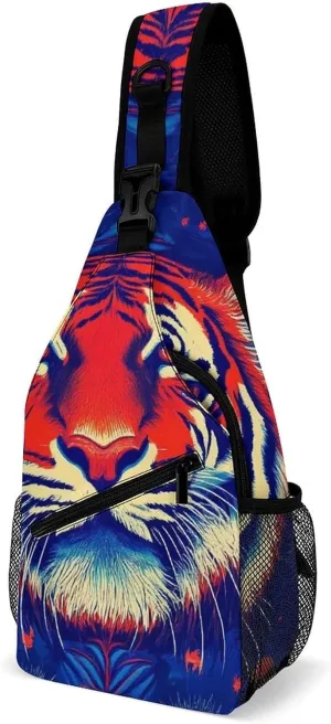Supdreamc Ultra Lightweight Sling Backpack Chest Sling Shoulder Backpacks Bags Multipurpose Anti-Theft Rucksack for Climbing Camping Cycling Travel, Trippy Red Tiger Animal Art