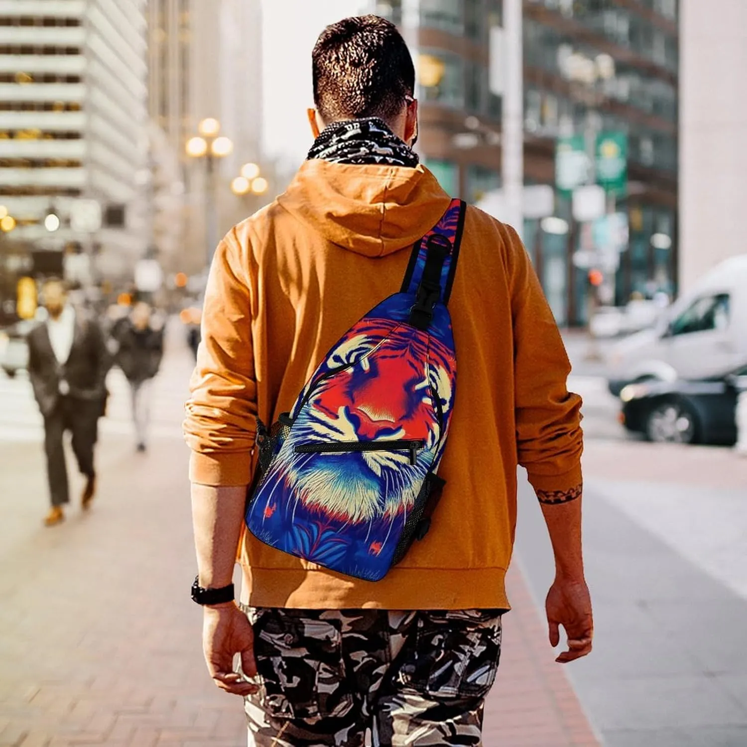 Supdreamc Ultra Lightweight Sling Backpack Chest Sling Shoulder Backpacks Bags Multipurpose Anti-Theft Rucksack for Climbing Camping Cycling Travel, Trippy Red Tiger Animal Art