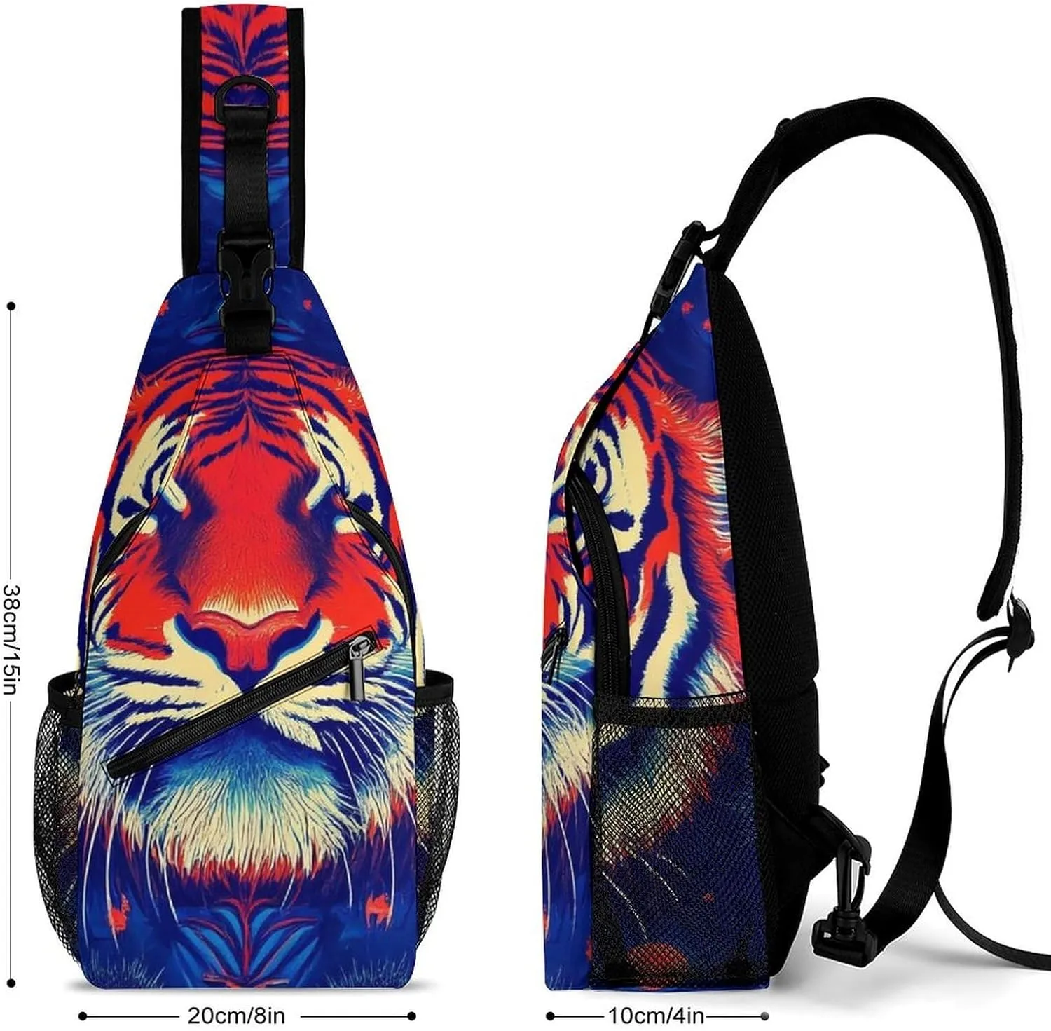 Supdreamc Ultra Lightweight Sling Backpack Chest Sling Shoulder Backpacks Bags Multipurpose Anti-Theft Rucksack for Climbing Camping Cycling Travel, Trippy Red Tiger Animal Art