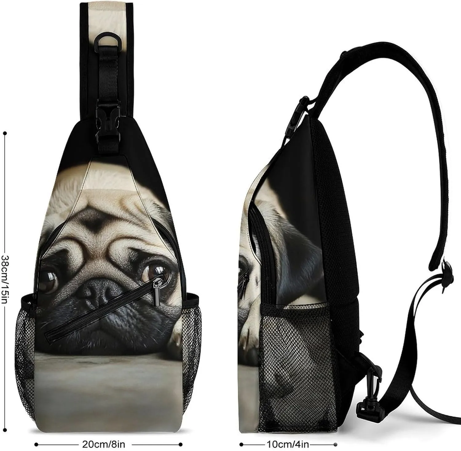Supdreamc Ultra Lightweight Sling Backpack Crossbody Chest Rucksack Anti-Theft Multipurpose Bag for Hiking Cycling Walking Dog Bicycle Travel, Cute Pug