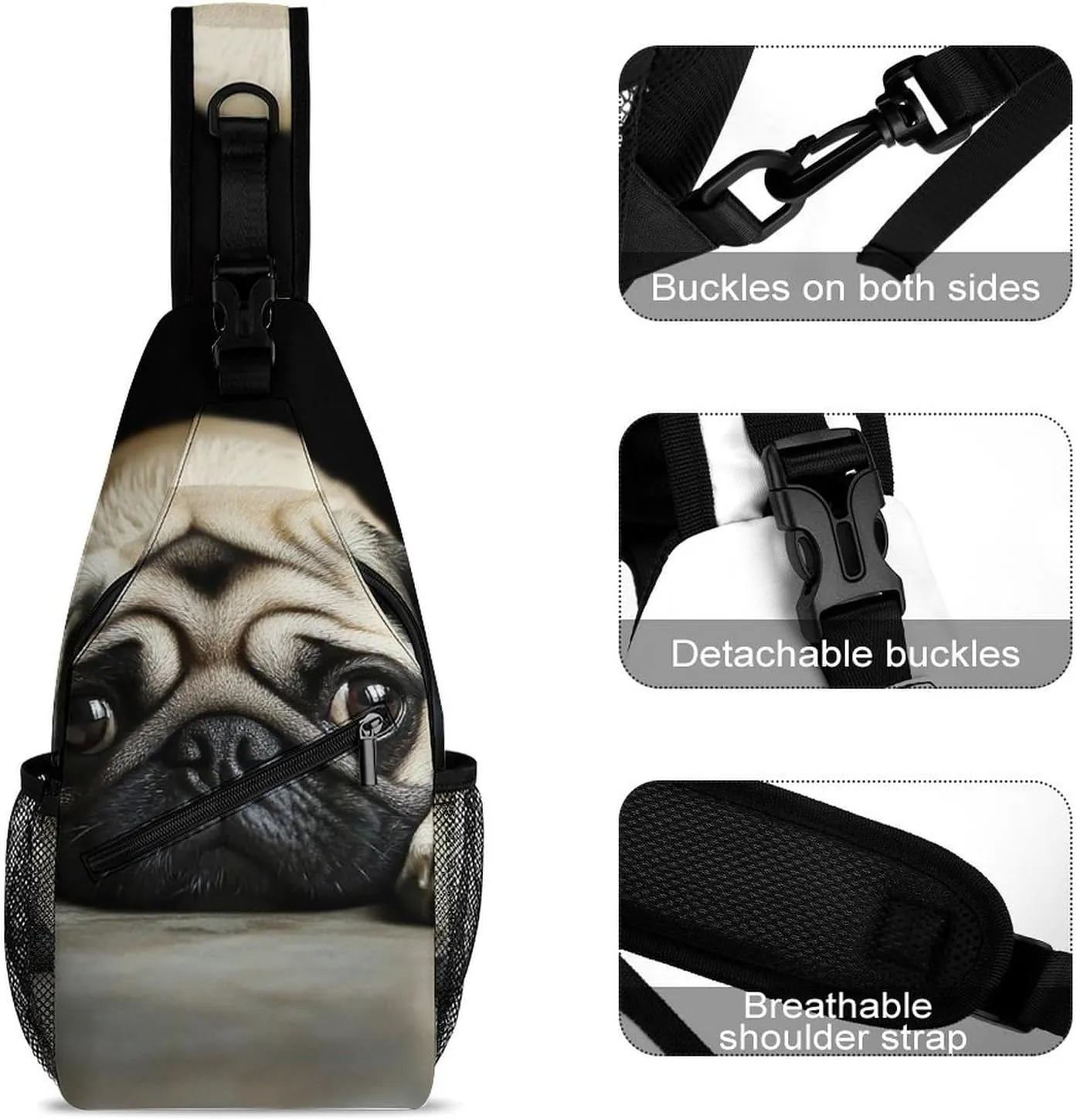 Supdreamc Ultra Lightweight Sling Backpack Crossbody Chest Rucksack Anti-Theft Multipurpose Bag for Hiking Cycling Walking Dog Bicycle Travel, Cute Pug