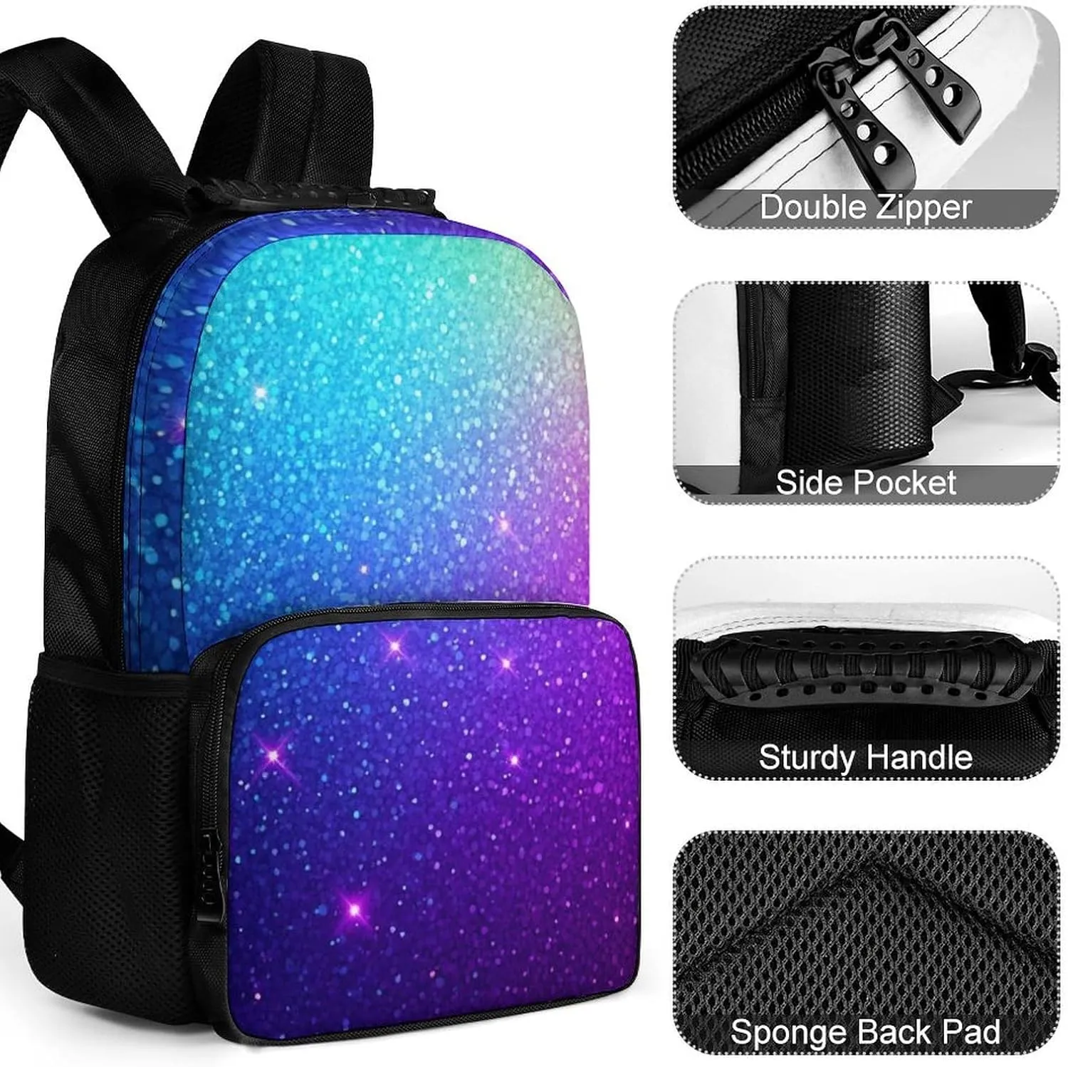 Supdreamc Women Men Polyester Beautiful Turquoise Bling Glitter Sparkles Pattern Casual Daypack Large Capacity Bookbag With Side Pockets for Sports Picnic Walking Cycling