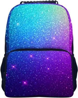 Supdreamc Women Men Polyester Beautiful Turquoise Bling Glitter Sparkles Pattern Casual Daypack Large Capacity Bookbag With Side Pockets for Sports Picnic Walking Cycling