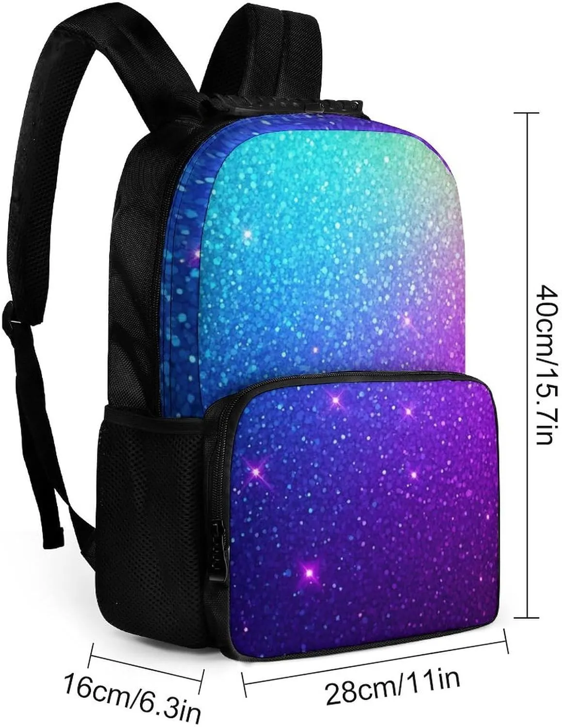 Supdreamc Women Men Polyester Beautiful Turquoise Bling Glitter Sparkles Pattern Casual Daypack Large Capacity Bookbag With Side Pockets for Sports Picnic Walking Cycling