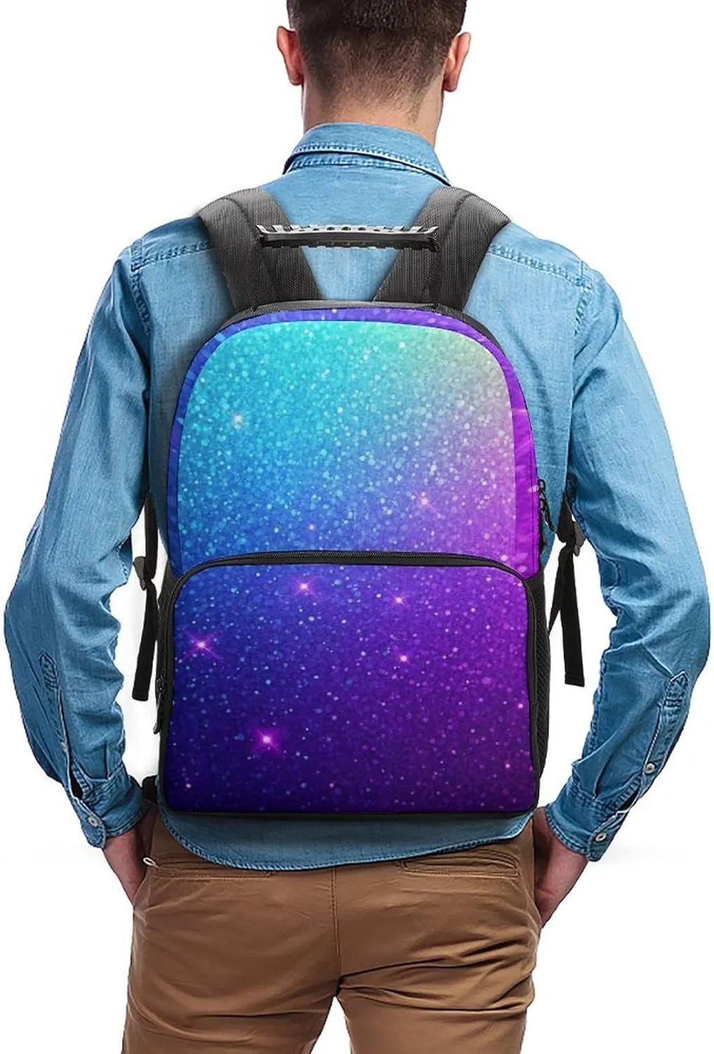 Supdreamc Women Men Polyester Beautiful Turquoise Bling Glitter Sparkles Pattern Casual Daypack Large Capacity Bookbag With Side Pockets for Sports Picnic Walking Cycling